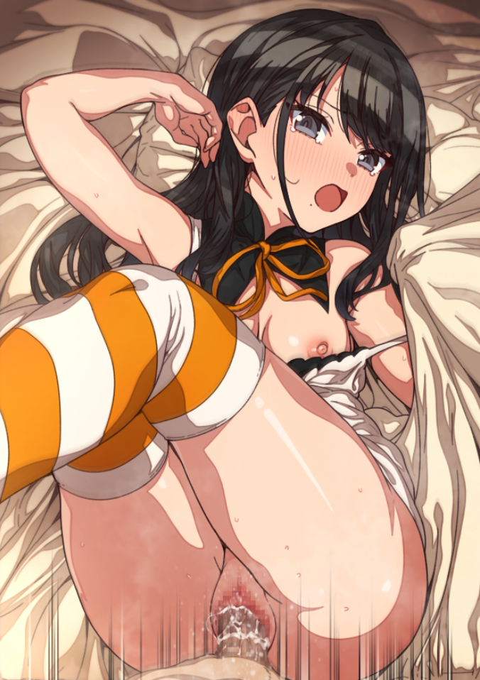 1boy, bangs, bed sheet, black hair, blush, breasts, censored, erere, female, idolmaster, idolmaster shiny colors, kazano hiori, legs up, long hair, lying, male, missionary, mole, mole under mouth, mosaic censoring, nipples, on back, open mouth, penis, pussy, sex, solo focus, straight, striped, striped legwear, thighhighs, vaginal penetration