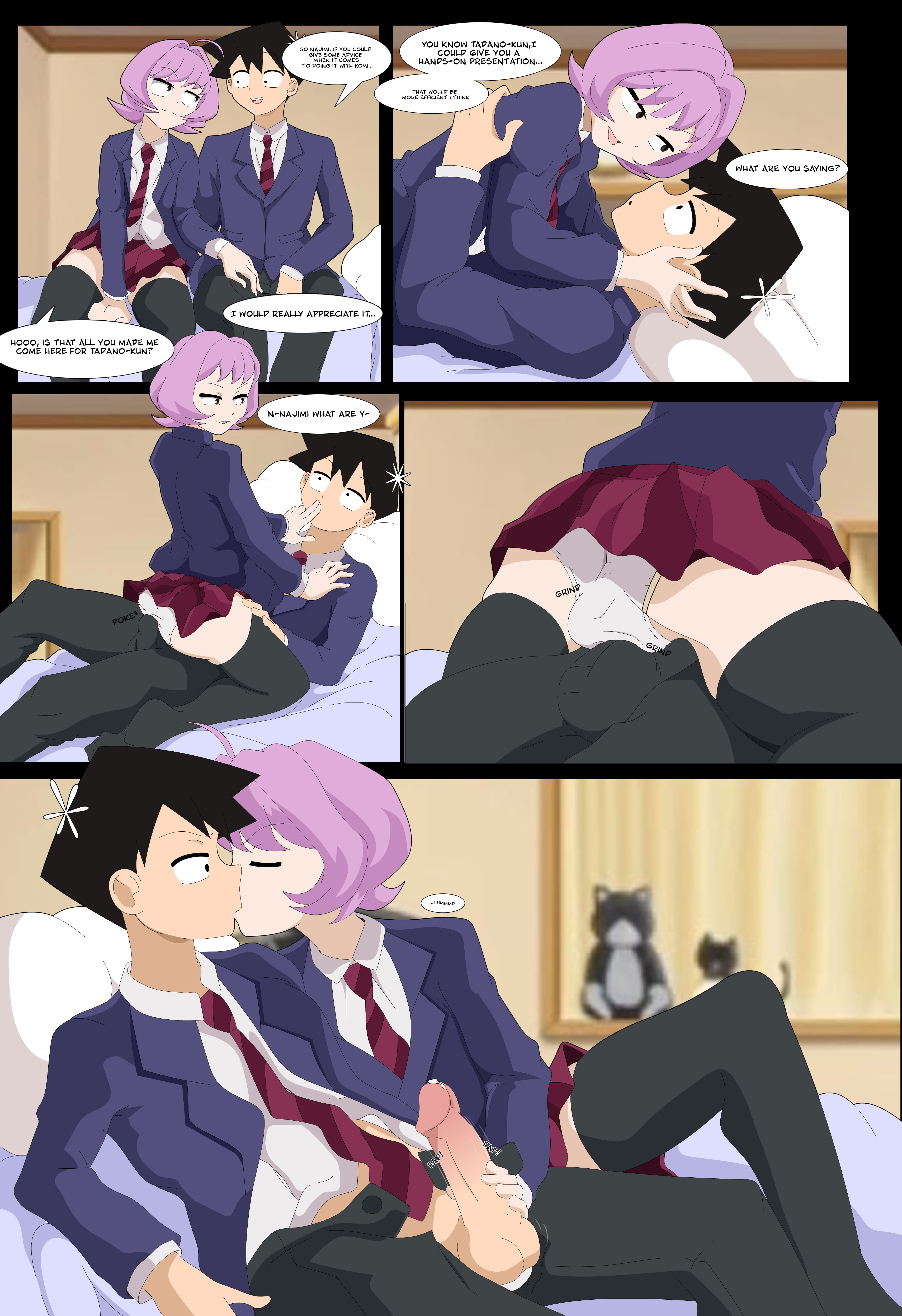 2boys, bed, beewhyohbee, black hair, bulge, childhood friend, clothed, cock, comic, comic page, crossdressing, dialog, dialogue, dick, english dialogue, english text, erection, erection under clothes, femboy, gay, handjob, homies, kissing, komi-san wa komyushou desu, leggings, light skin, light-skinned femboy, light-skinned male, male, osana najimi, penis, purple hair, school uniform, seducing, seduction, skirt, speech bubble, tadano hitohito, text, text bubble, yaoi