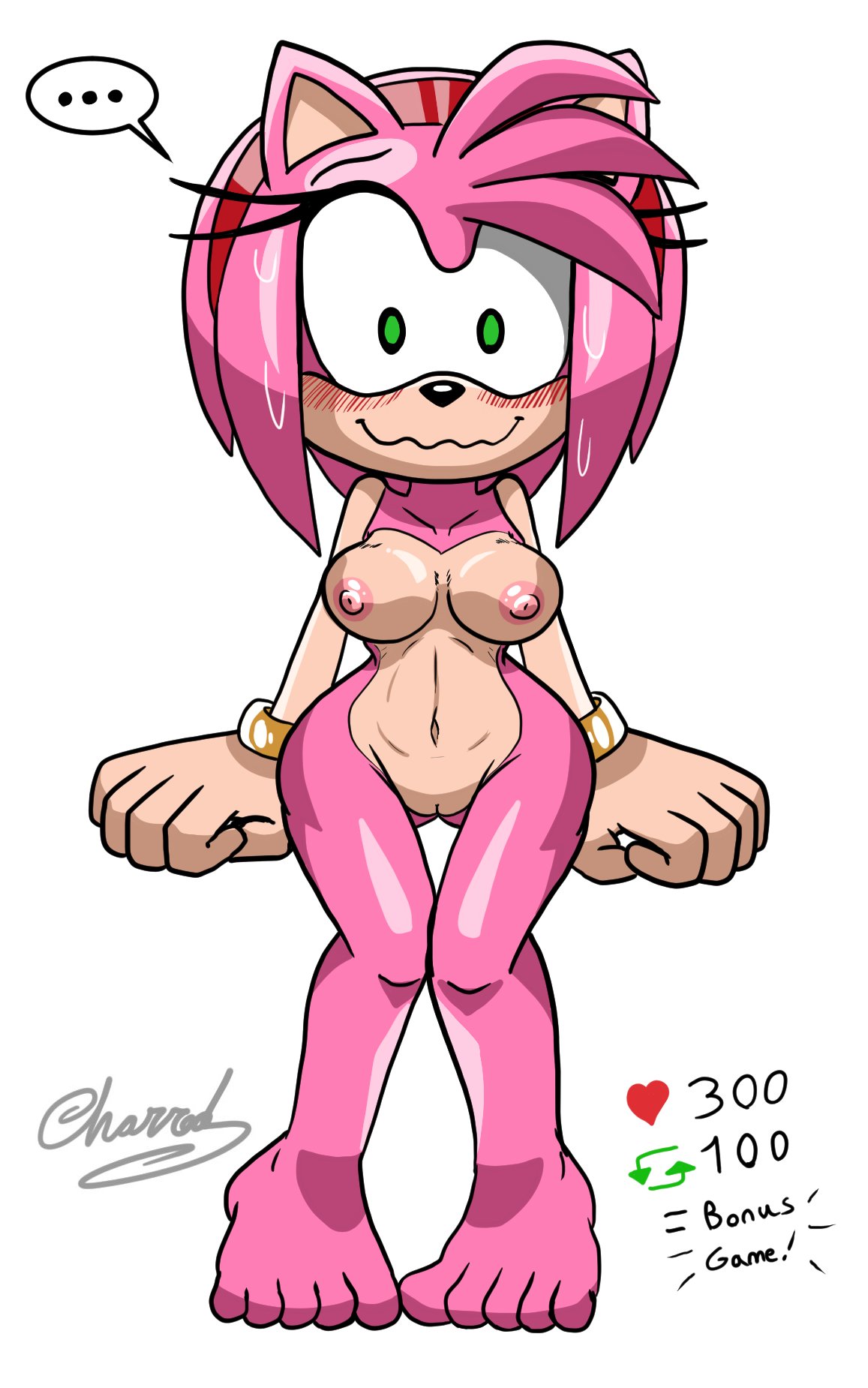 accessory amy_rose anthro blush bracelet breasts butt_from_the_front charredarousal eulipotyphlan feet female fur genitals green_eyes hair_accessory hairband hedgehog hi_res jewelry knock-kneed mammal navel nervous_smile nude_female pink_body pink_fur pussy sega small_breasts solo sonic_(series) sonic_the_hedgehog_(series) wide_hips