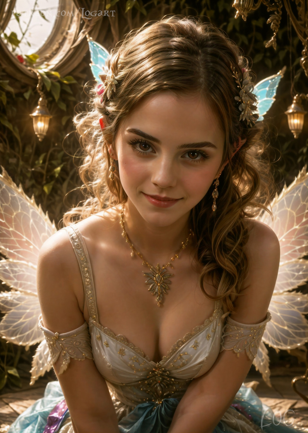 ai_generated big_breasts celebrity cleavage cute detailed emma_watson fairy fairy_wings fantasy female female_only glowing gold_jewelry harry_potter hermione_granger high_quality hourglass_figure hyperrealistic jewelry leak leaked light logart real_person seductive sensitive shiny smile smiling solo stable_diffusion