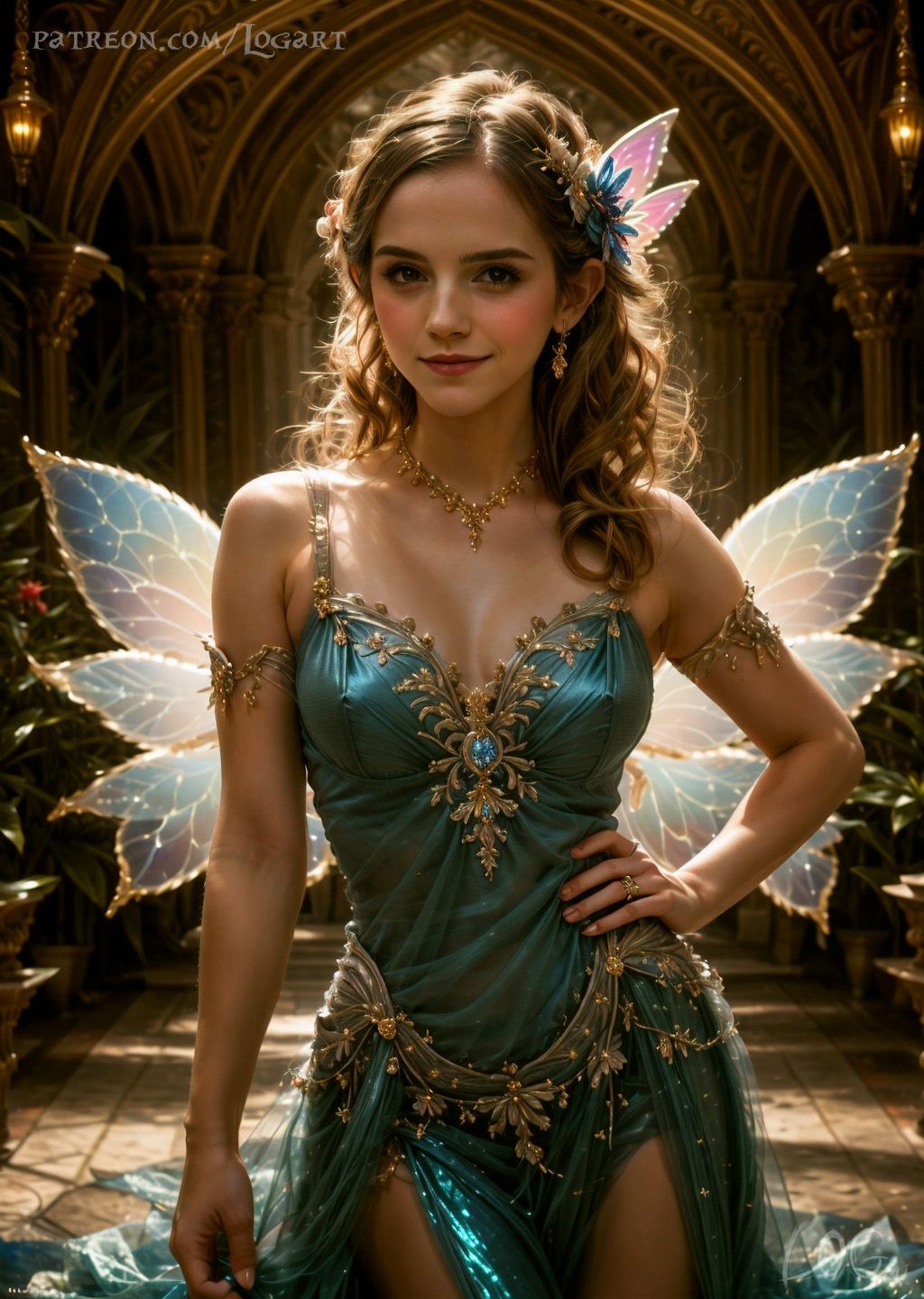 ai_generated big_breasts celebrity cleavage cute detailed emma_watson fairy fairy_wings fantasy female female_only glowing gold_jewelry harry_potter hermione_granger high_quality hourglass_figure hyperrealistic jewelry leak leaked light logart real_person seductive sensitive shiny smile smiling solo stable_diffusion