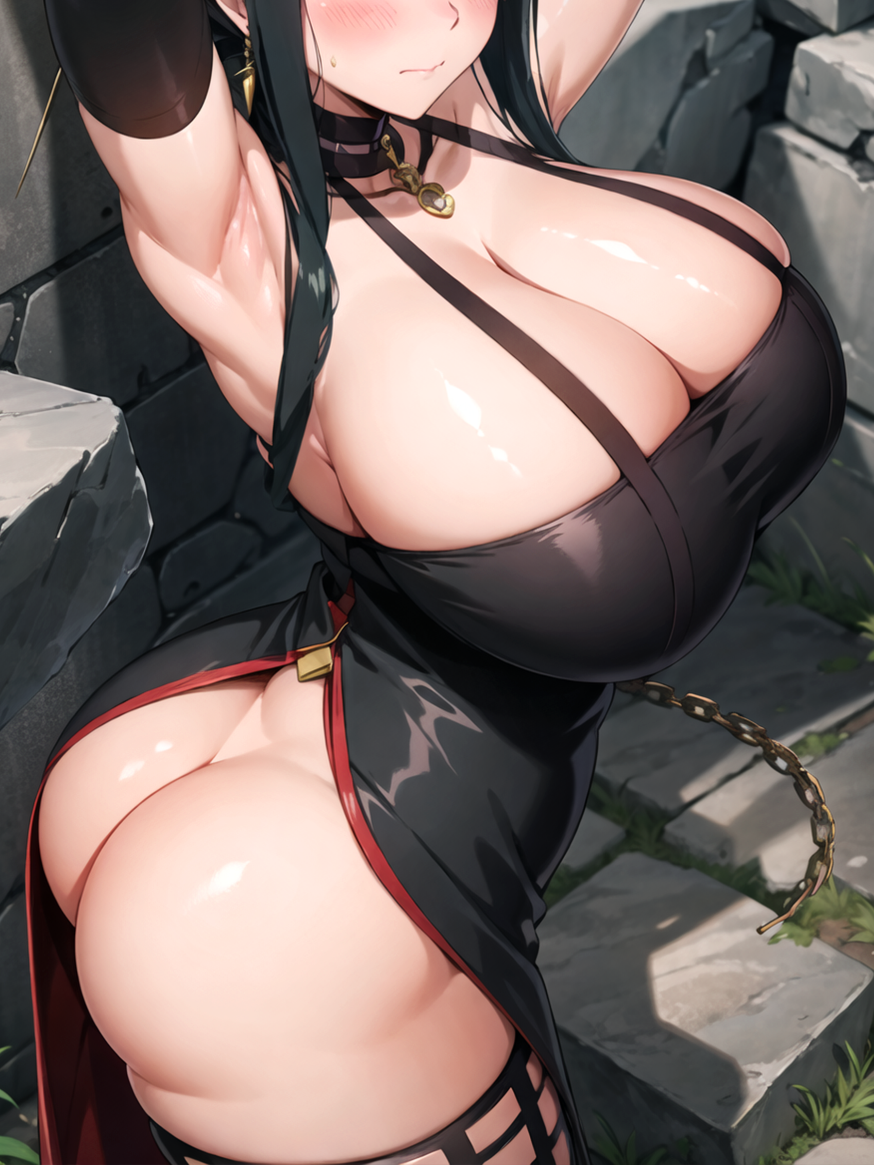 1girls, ai generated, armpits, ass, back view, black hair, breasts, eyes out of frame, female, hi res, huge ass, large breasts, light skin, light-skinned female, long hair, nai diffusion, naughty face, spy x family, stable diffusion, thick thighs, yor briar, yor forger