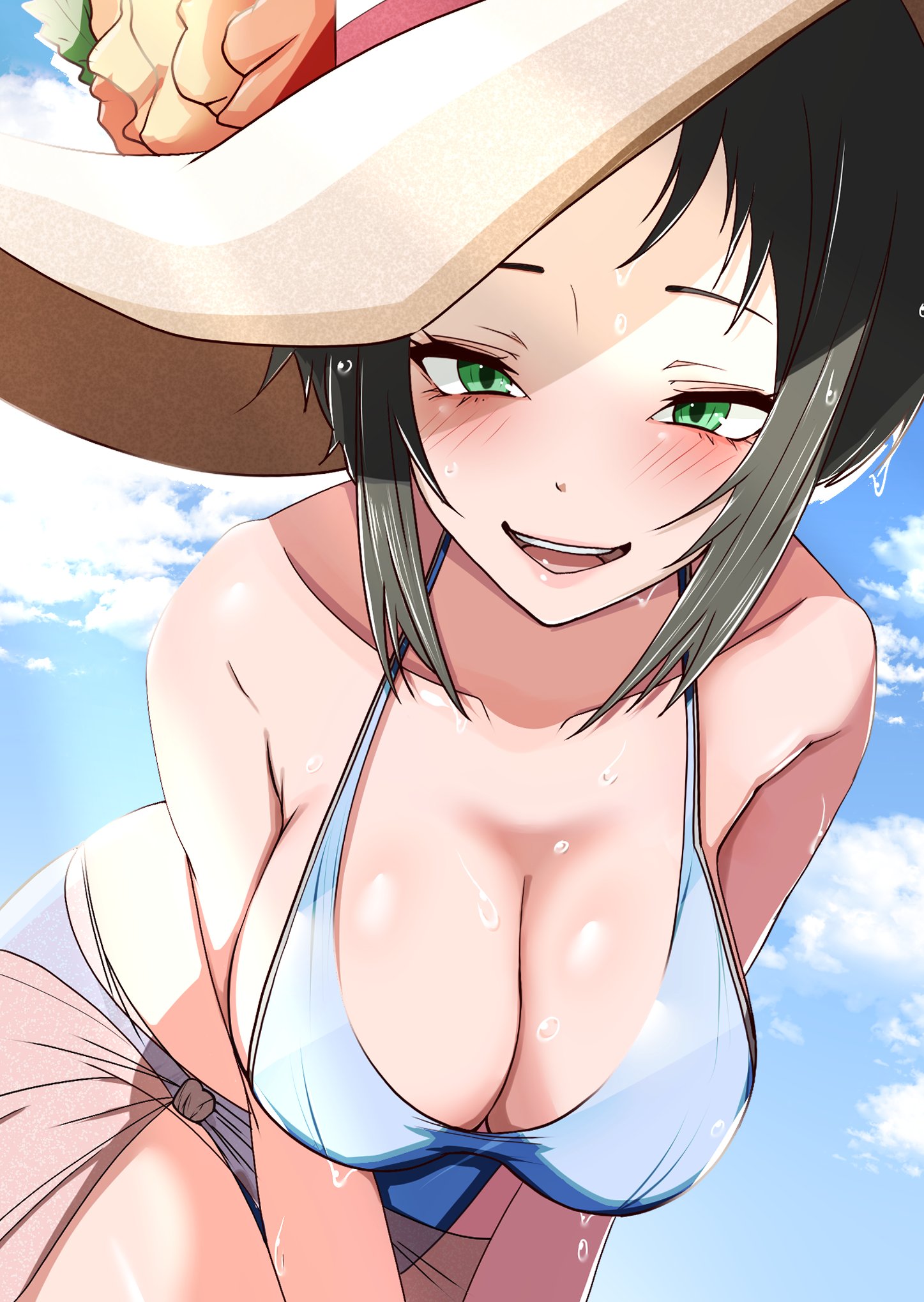 beach, beach hat, big breasts, black hair, blush, breasts, female, green eyes, marie (persona 4), persona, persona 4, takeminaieeru, white bikini