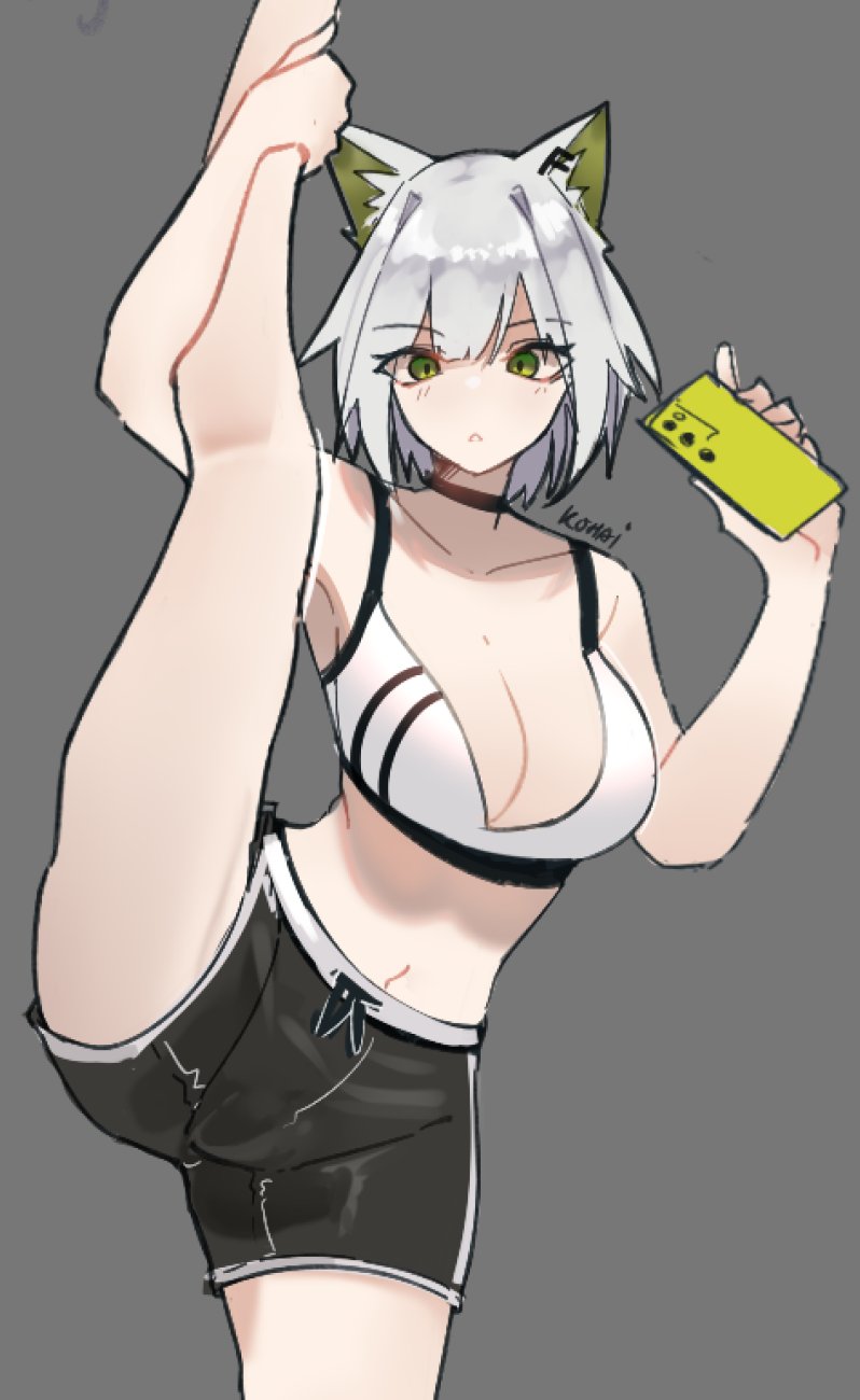 1girls animal_ears arknights cat_ears choker female female_focus female_only flexible flexing green_eyes gym_clothes gym_shorts kal'tsit_(arknights) large_breasts light-skinned_female light_skin looking_at_viewer nuggetkouhai short_hair splits sports_bra sportswear surprised tagme vertical_splits white_hair