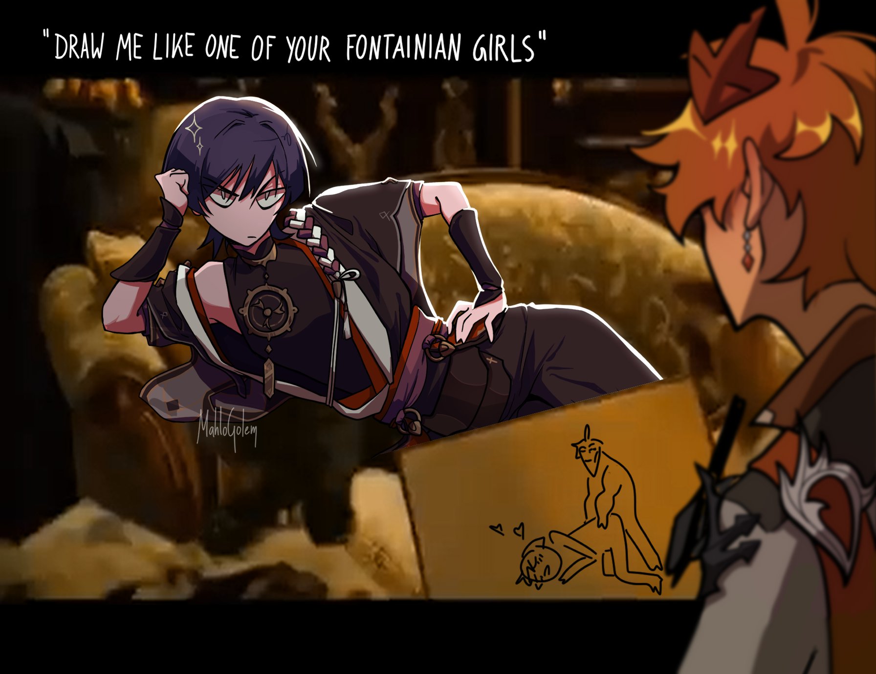 2boys, arched back, childe (genshin impact), doggy style, drawing, english text, femboy, gay, genshin impact, girly, male, male only, meme, porn, pose, scaramouche (genshin impact), sex, tagme, tartaglia (genshin impact), yaoi