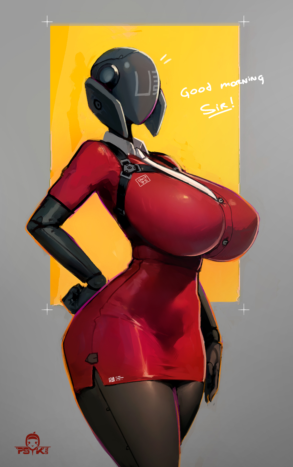 2023 2d 2d_(artwork) 5_fingers big_breasts big_thighs breasts busty dialogue dress english english_text faceless faceless_character female female_focus female_only hi_res highres hips hourglass_figure large_breasts office office_clothing office_lady original original_character psyk323 red_dress robot robot_joints robotic_arm short_skirt solo solo_female solo_focus thick_thighs thighs voluptuous wide_hips