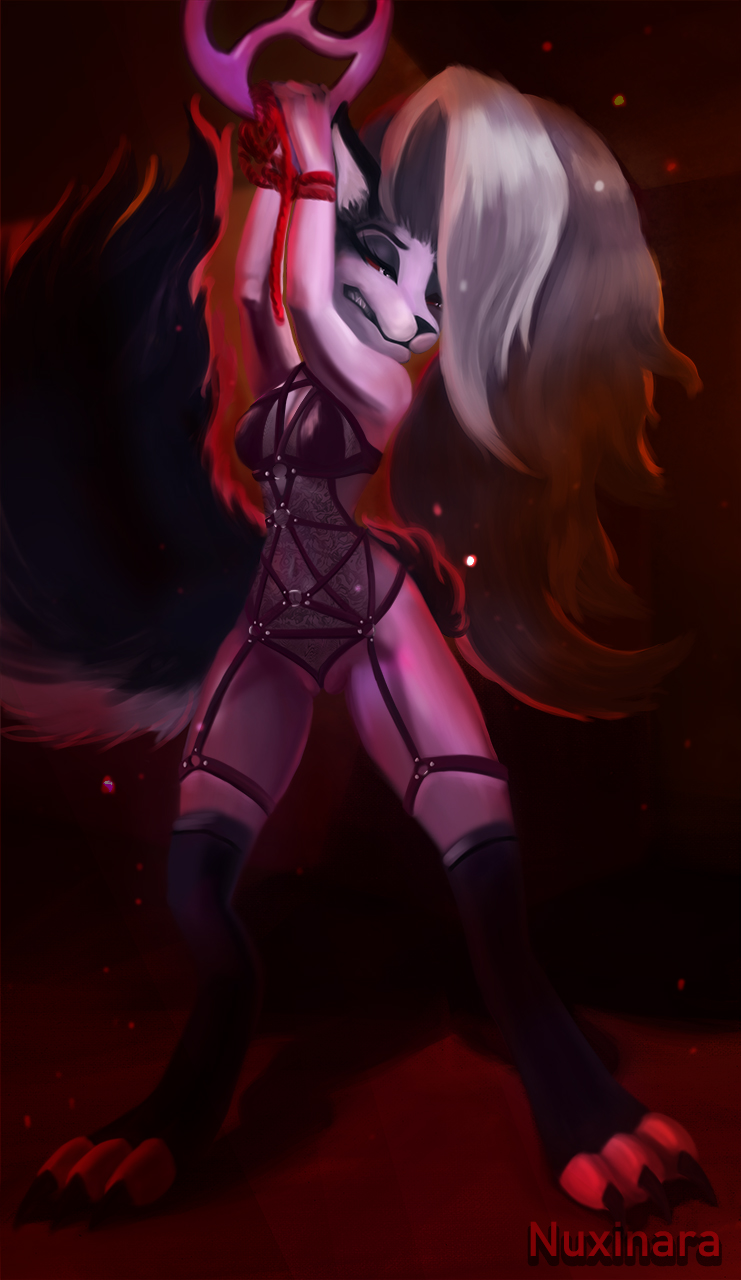 1girls anthro bound canid_demon closed_eyes demon grey_body grey_fur hair half-closed_eyes hellhound helluva_boss leggings lingerie long_hair loona_(helluva_boss) nuxinara sharp_teeth standing tied_up toe_claws vivienne_medrano white_body white_eyes white_fur