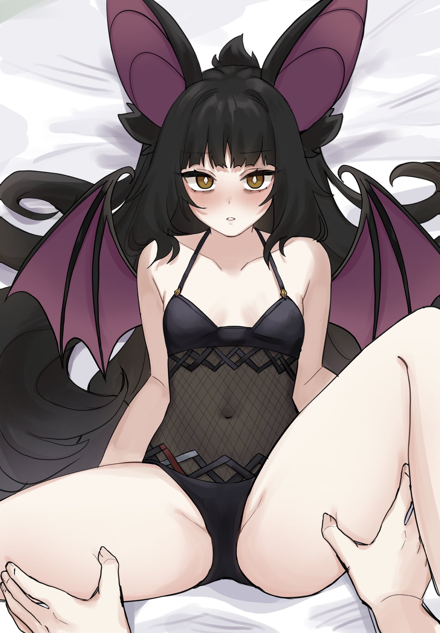 1boy, 1girls, animal ears, bat ears, bat girl, bat wings, batatvideogames (moriko kyoho), breasts, female, highres, imminent sex, indie virtual youtuber, large ears, long hair, moriko kyoho, mugripley, navel, one-piece swimsuit, orange eyes, see-through clothes, small breasts, spread legs, swimsuit, thighs, very long hair, virtual youtuber, vtuber, wings