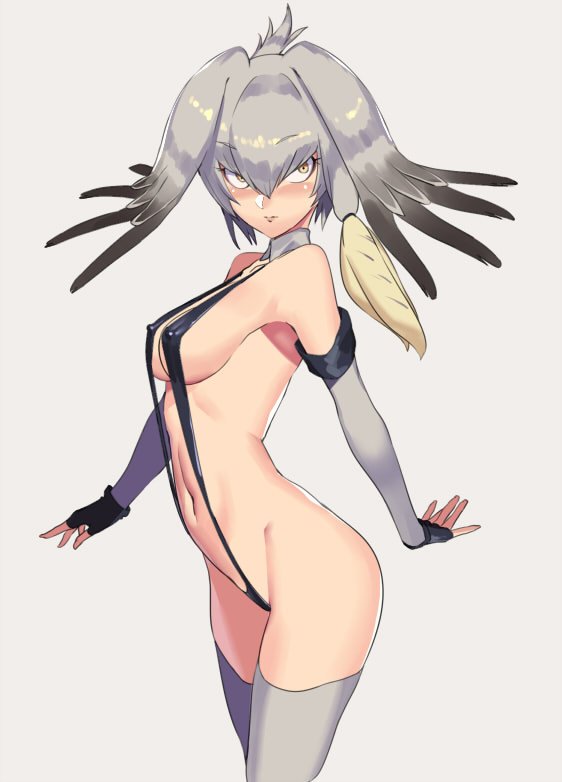 1girls, blush, breasts, erect nipples, female, kemono friends, leotard, looking up, medium breasts, nipple bulge, nipples, shoebill (kemono friends), sideboob, sling bikini, solo, tagme, ukimukai