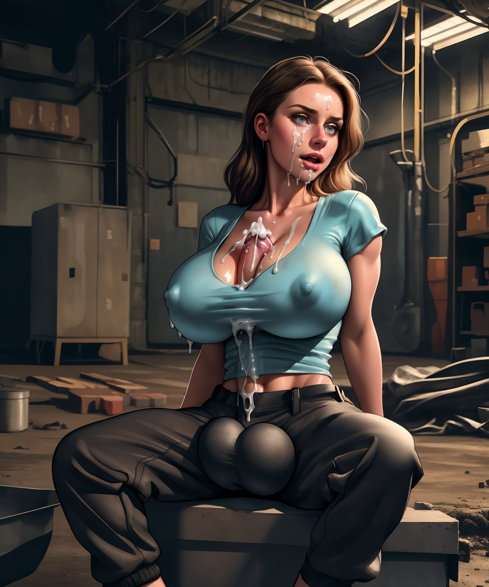 ai generated, autopaizuri, autopaizuri under clothes, backsack, balls, balls under clothes, ballsack, blue eyes, blue shirt, breasts, brown hair, bulge, bulge through clothing, cum, cum on breasts, factory, futanari, intersex, large breasts, muxmaxman, stable diffusion, workshop