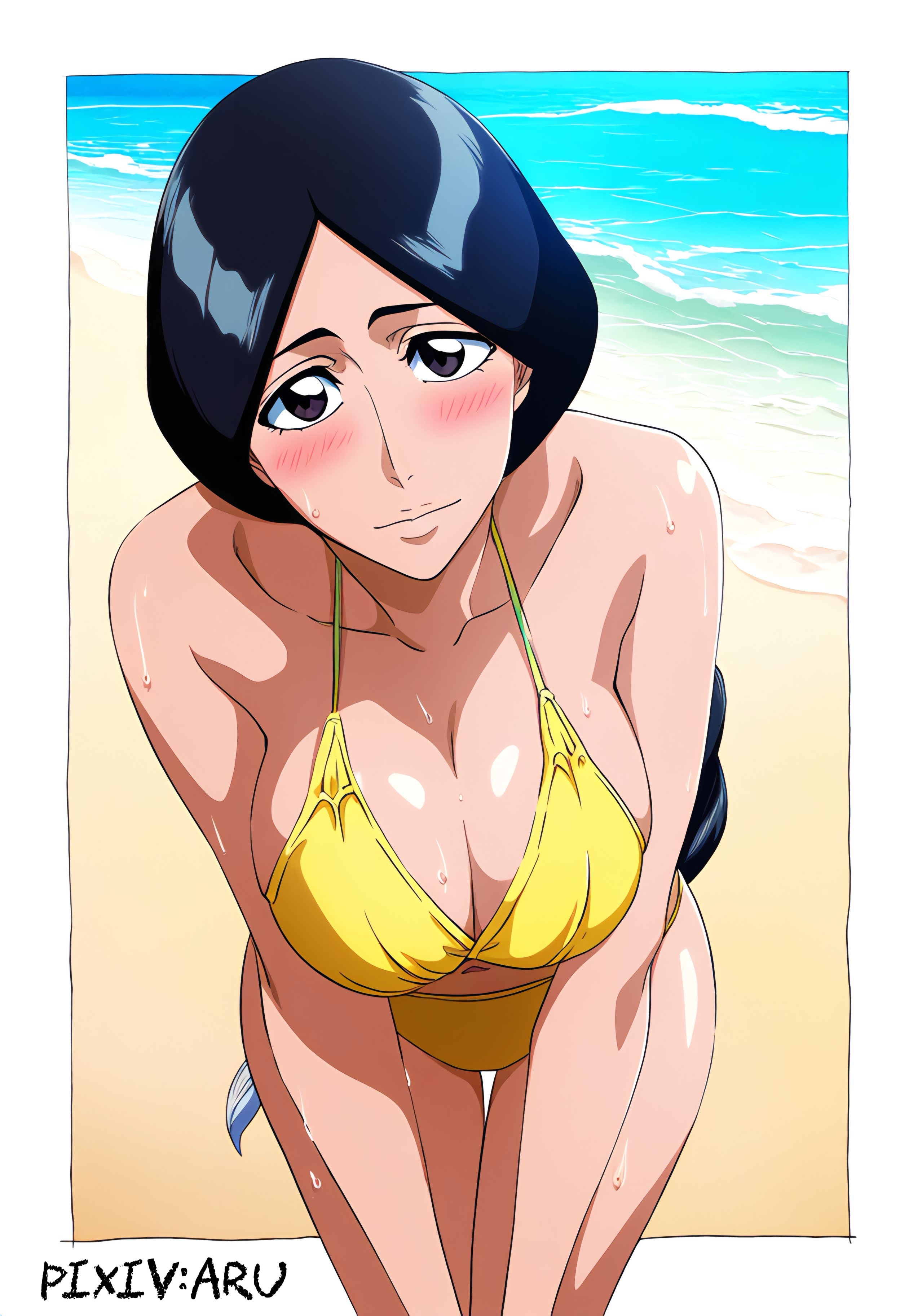 1girls, ai generated, artist name, aru117, beach, bent over, big breasts, bikini, bikini bottom, bikini top, black hair, bleach, bleach: the thousand-year blood war, breast focus, breasts, cleavage, commentary, female, female only, huge breasts, light skin, light-skinned female, looking at viewer, mature, mature female, milf, nai diffusion, ocean, oppai, outdoors, pinup, pixiv username, revealing swimsuit, sand, seaside, seductive, seductive look, seductive smile, skimpy, skimpy bikini, smile, solo, solo focus, stable diffusion, standing, unohana retsu, water, watermark