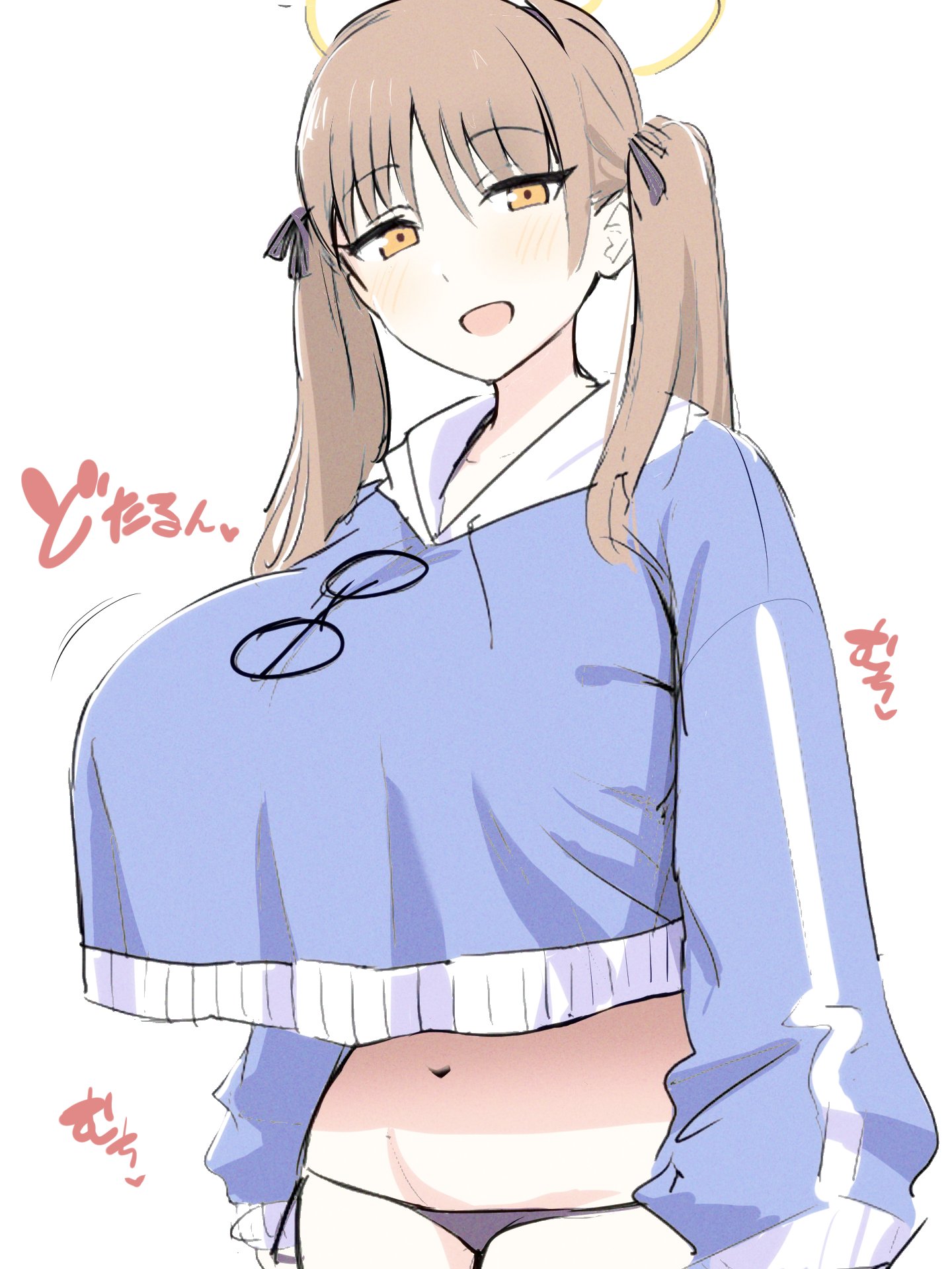 blue archive, breasts, crop top overhang, female, halo, large breasts, long hair, looking at viewer, moe (blue archive), moe (swimsuit) (blue archive), navel, rabbit squad (blue archive), solo, solo female, srt special academy student, tomato rice