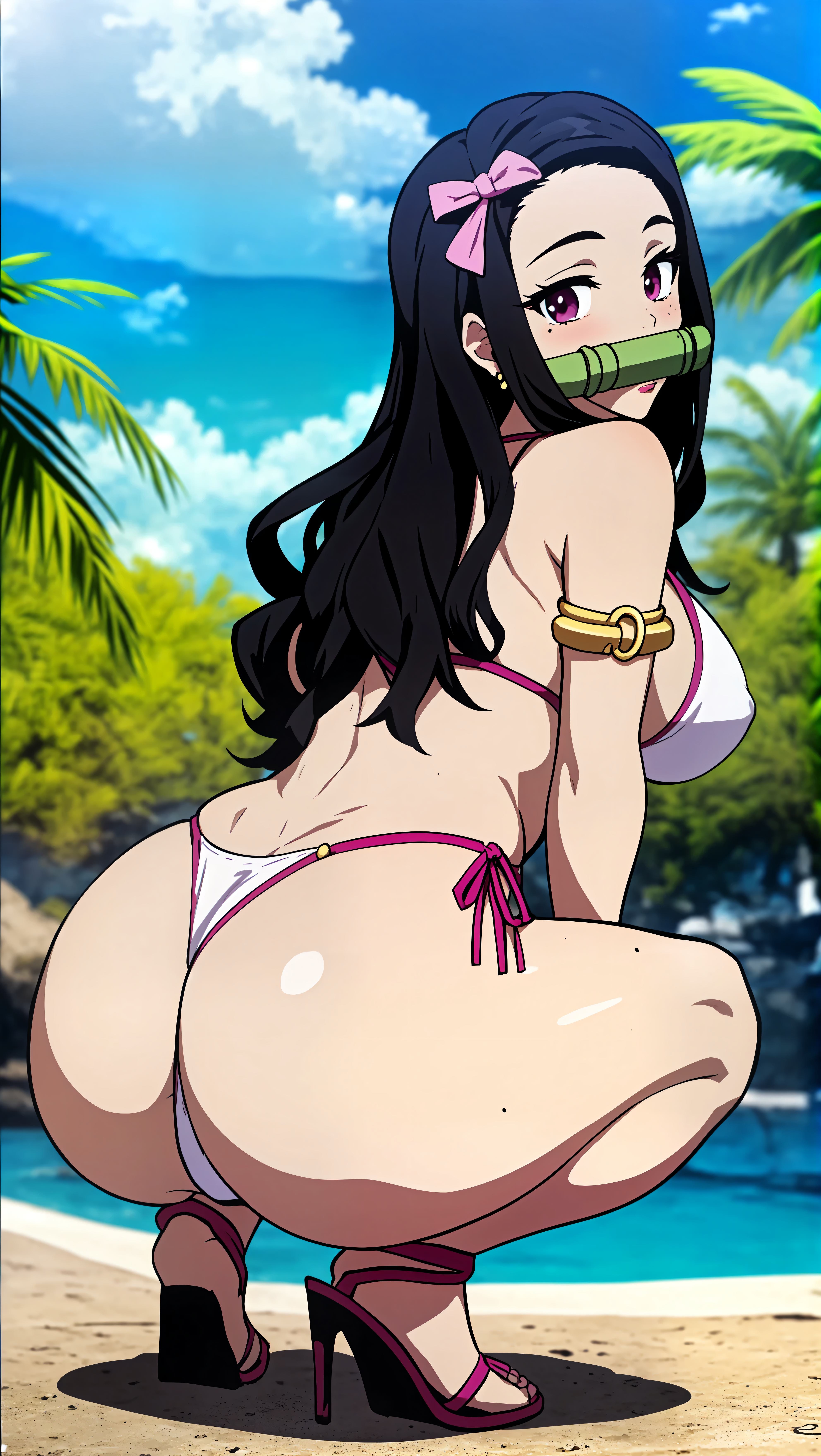 1girls, ai generated, armlet, ass, back, bamboo, bare shoulders, beach, bikini, bit gag, black hair, blue sky, blush, bow, breasts, cloud, covered nipples, day, demon slayer, earrings, feet, female, female only, freckles, from behind, gag, gagged, hair ribbon, hairbow, high heels, jewelry, kamado nezuko, kimetsu no yaiba, large breasts, long hair, looking at viewer, looking back, mole, mole on arm, mole on ass, mole on breast, mole on thigh, mole under eye, mouth hold, nezuko kamado, ocean, outdoors, palm tree, pink eyes, pink ribbon, purple eyes, ribbon, sand, sandals, side-tie bikini, sideboob, sky, solo, spread legs, squatting, string bikini, swimsuit, thighs, thong, thong bikini, toes, tree, white bikini