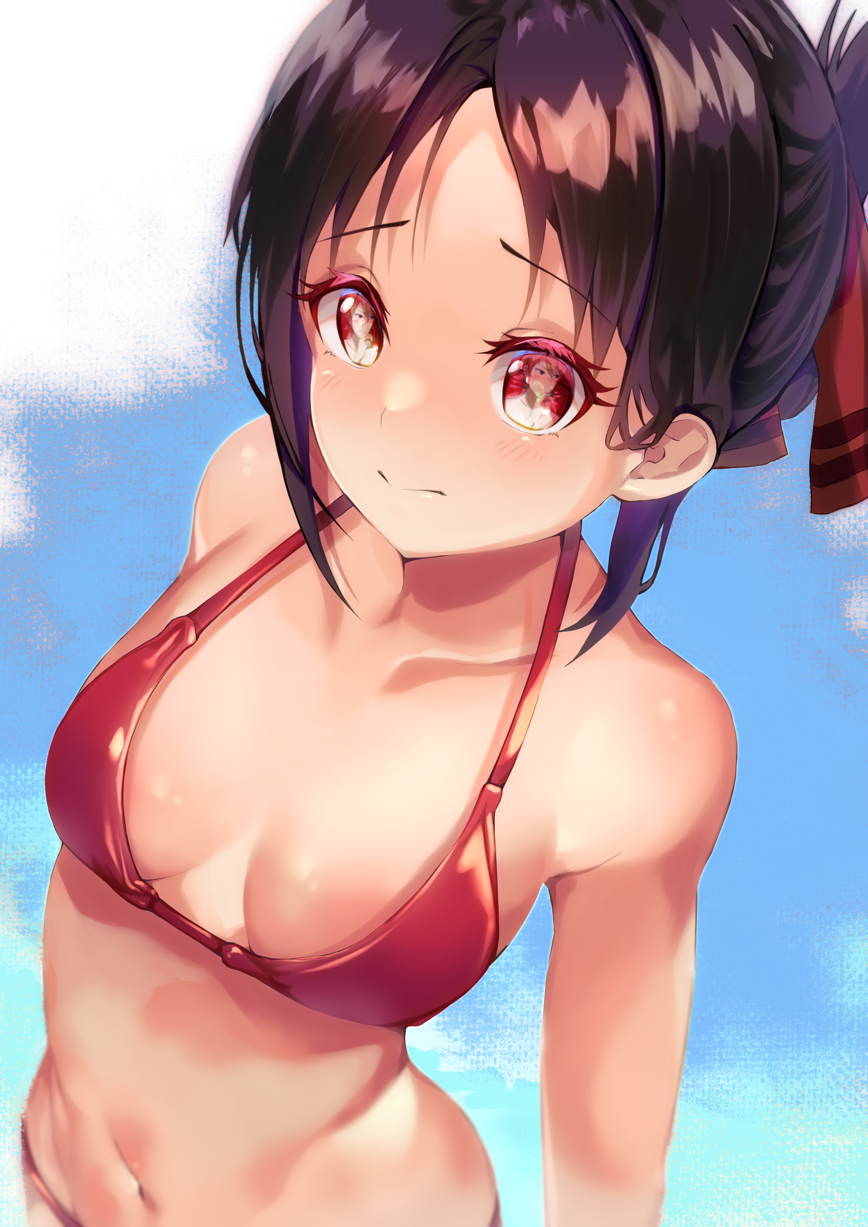 1girls, arms behind back, artist request, belly button, bikini, black hair, breasts, breasts apart, closed mouth, cloud, clouds, eye reflection, eyebrows, eyebrows visible through hair, female, female only, hair ornament, hair over shoulder, high resolution, highres, hips, human, kaguya-sama wa kokurasetai ~tensai-tachi no renai zunousen~, long hair, looking at partner, looking at viewer, navel, red bikini, red eyes, shinomiya kaguya, simple background, sky, small breasts, solo, tied hair, very high resolution