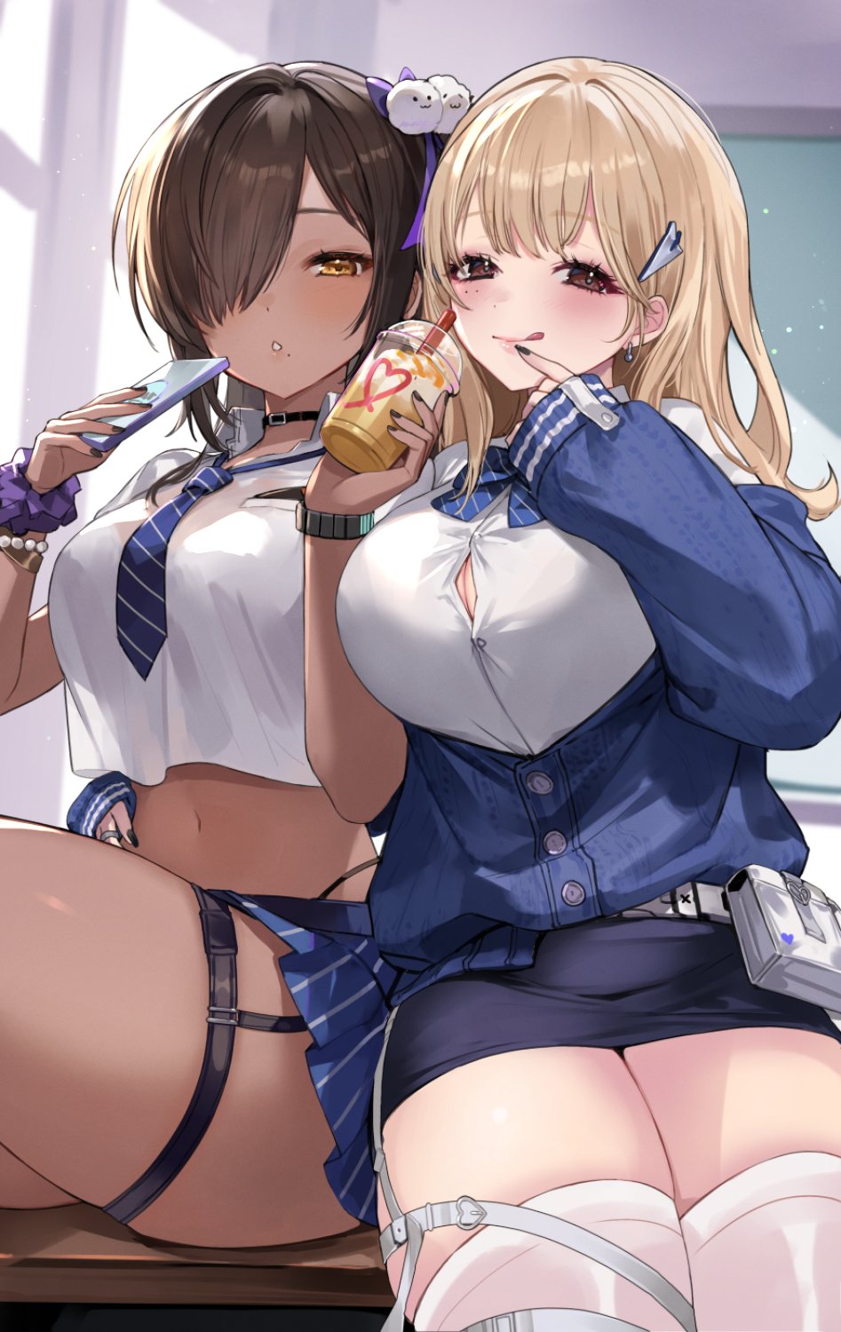 2girls :o :q bead_bracelet beads belt_pouch black_nails blonde_hair blue_bow blue_bowtie blue_jacket blue_necktie blue_skirt blush bowtie bracelet breasts brown_eyes brown_hair button_gap cellphone classroom cleavage collared_shirt cropped_shirt dark-skinned_female dark_skin female goddess_of_victory:_nikke hair_ornament hair_over_one_eye holding holding_phone jacket jewelry large_breasts long_hair looking_at_viewer loose_necktie mole mole_under_eye multiple_girls naga_(nikke) nail_polish necktie nima_(niru54) off-shoulder_jacket off_shoulder pencil_skirt phone pleated_skirt pouch puffy_sleeves scrunchie shirt short_sleeves side_ponytail sitting skirt sleeves_past_wrists smartphone smoothie strap striped_necktie thighhighs tia_(nikke) tongue tongue_out white_shirt white_thighhighs wrist_scrunchie