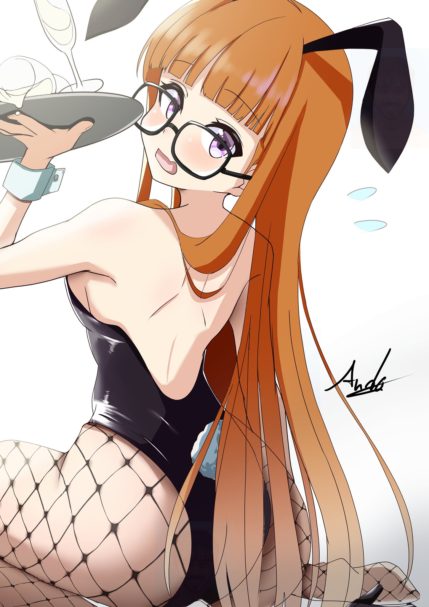 aged up, ass, back view, blush, bunny ears, bunnysuit, female, long hair, orange hair, persona, persona 5, purple eyes, sakura futaba, serving tray, surprised, takeminaieeru, white background
