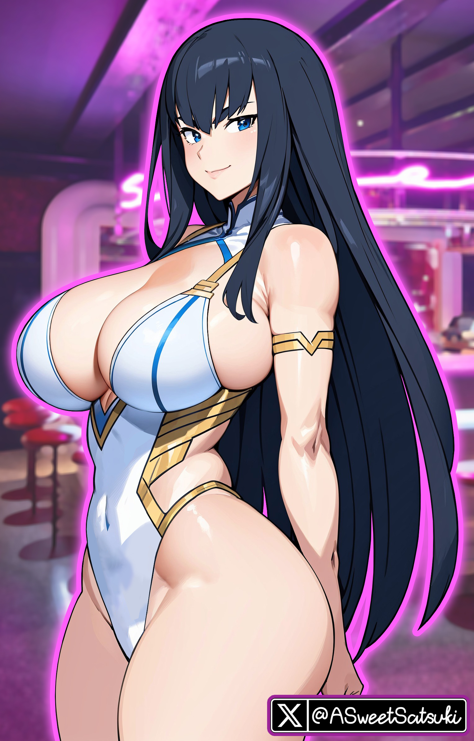 ai generated, ass, big ass, black hair, blue eyes, breasts, eyebrows, female, kill la kill, kiryuuin satsuki, large breasts, party, thick eyebrows, thick hips, thick thighs