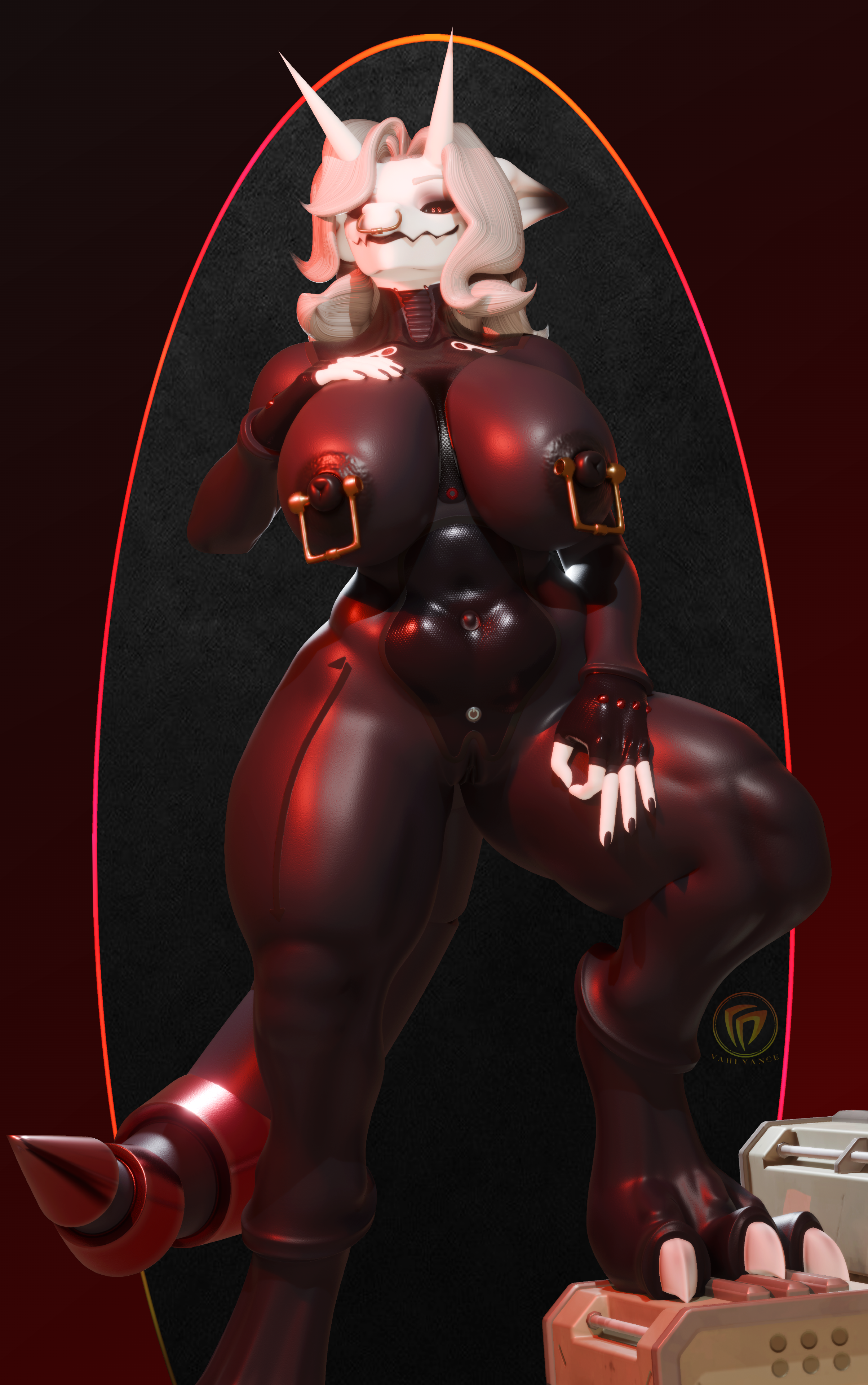 3d, absurd res, aggron, anthro, blender (software), breasts, facial piercing, female, generation 3 pokemon, genitals, gesture, hair, hi res, horn, looking at viewer, nintendo, nipple piercing, nipples, nose piercing, nude, ok sign, piercing, pokémon (species), pokemon, pokemon (species), pussy, scalie, simple background, solo, titanium (aggrontitanium), vahlyance