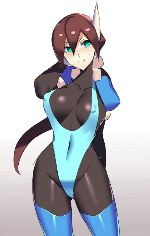 1girls aile alternate_costume big_breasts erect_nipples female latex mega_man mega_man_zx mega_man_zx_advent nipple_bulge one-piece_swimsuit puffy_nipples swimsuit tagme ukimukai