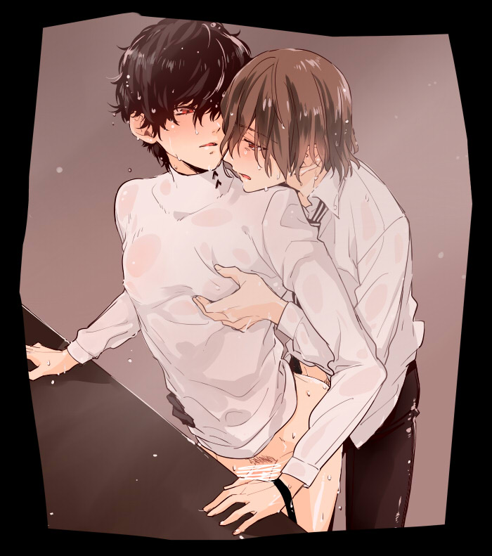 2boys akira_kurusu atlus femboy gay goro_akechi half-dressed male_only persona persona_5 ren_amamiya yaoi