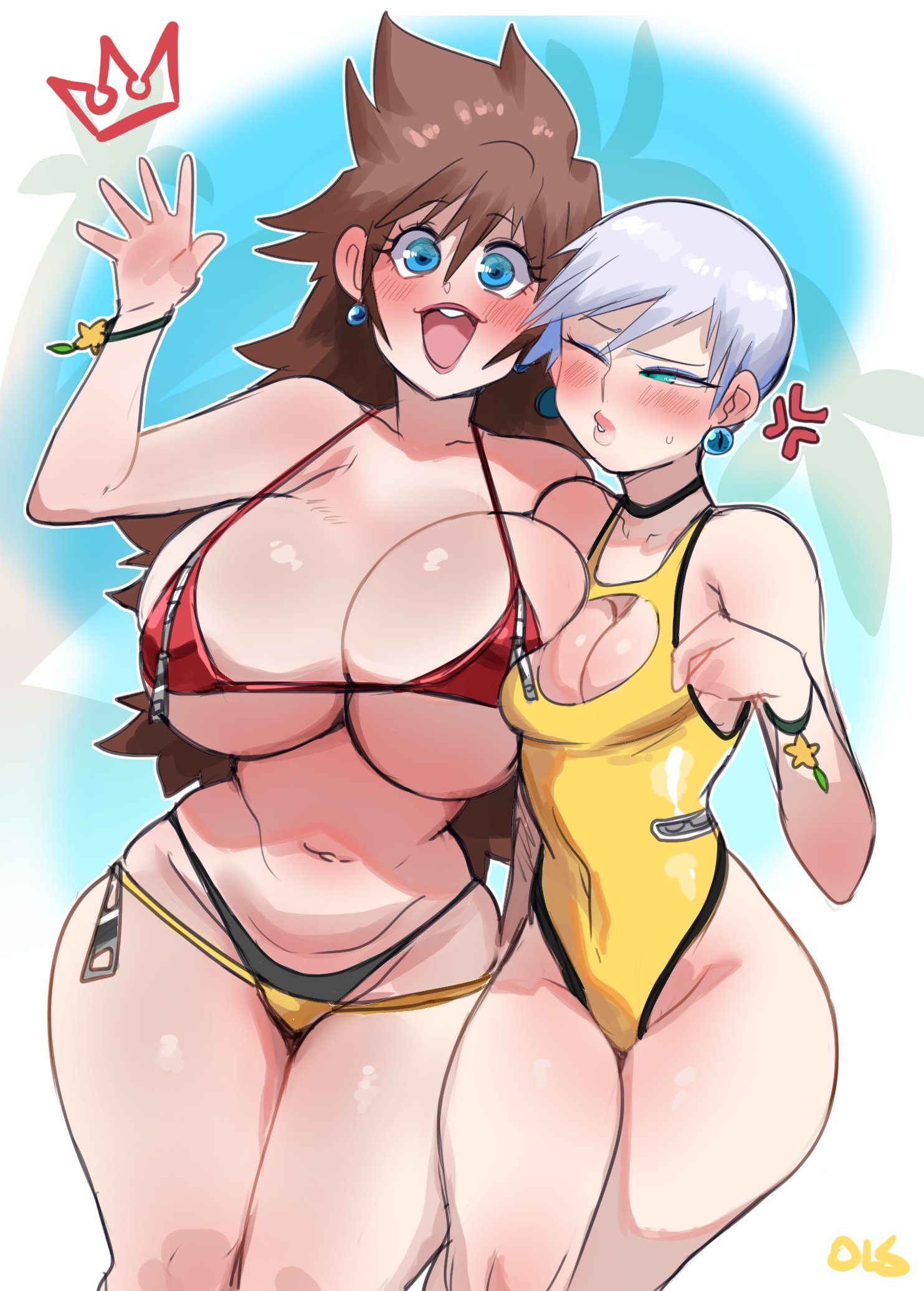 2girls, big breasts, bikini, blue eyes, blush, breast size difference, breasts, brown hair, cleavage, disney, earrings, fan character, female, female only, green eyes, human, kingdom hearts, large breasts, lightsource, micro bikini, milf, one-piece swimsuit, riku's mom, silver hair, sora's mom, square enix, swimsuit, swimwear