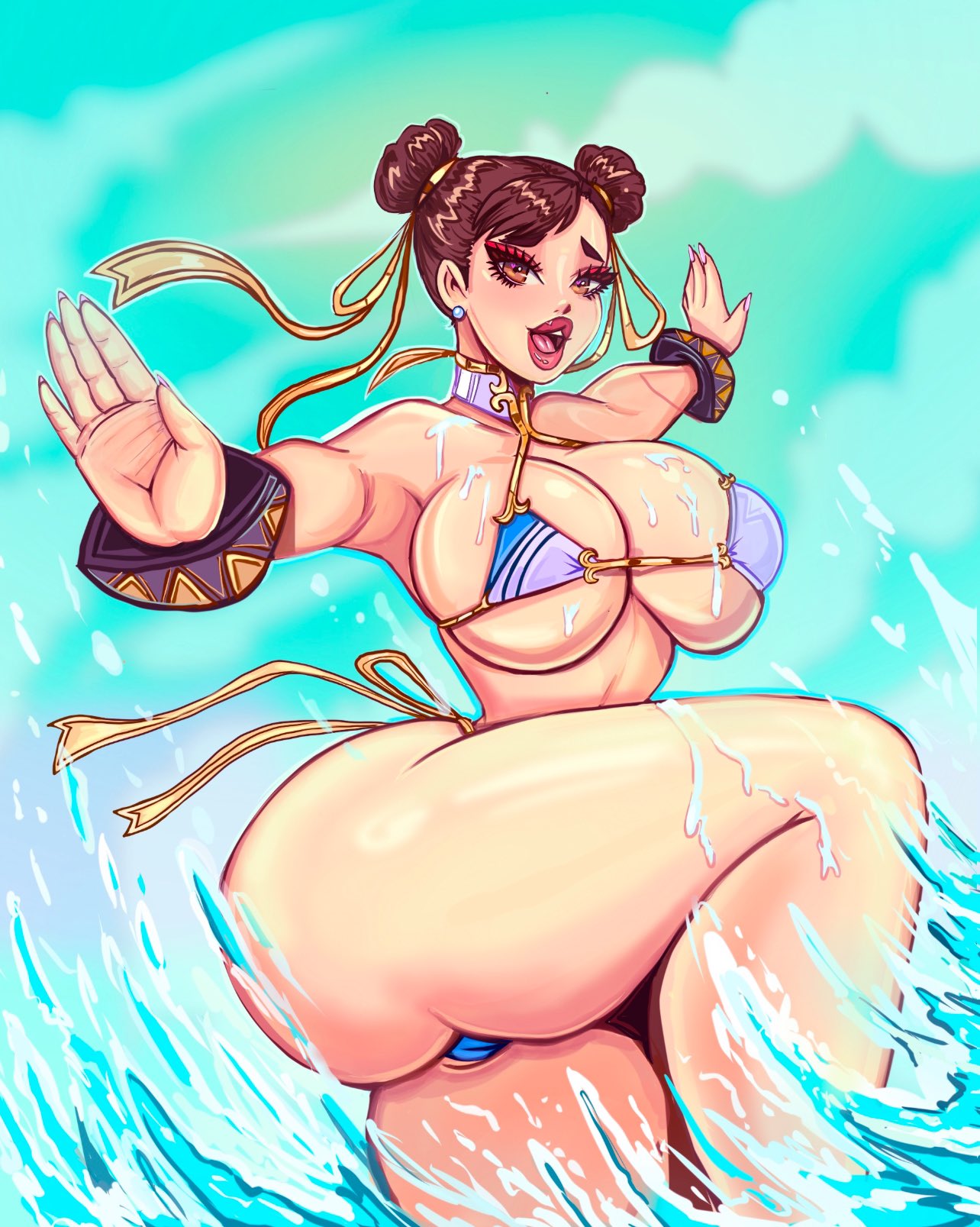 1girls ass big_ass big_breasts bikini bikini_top bimbo bimbo_body bimbo_lips breasts brown_eyes brown_hair chun-li female female_only large_breasts looking_at_viewer pose solo street_fighter theartofmathew thick_thighs thighs voluptuous water