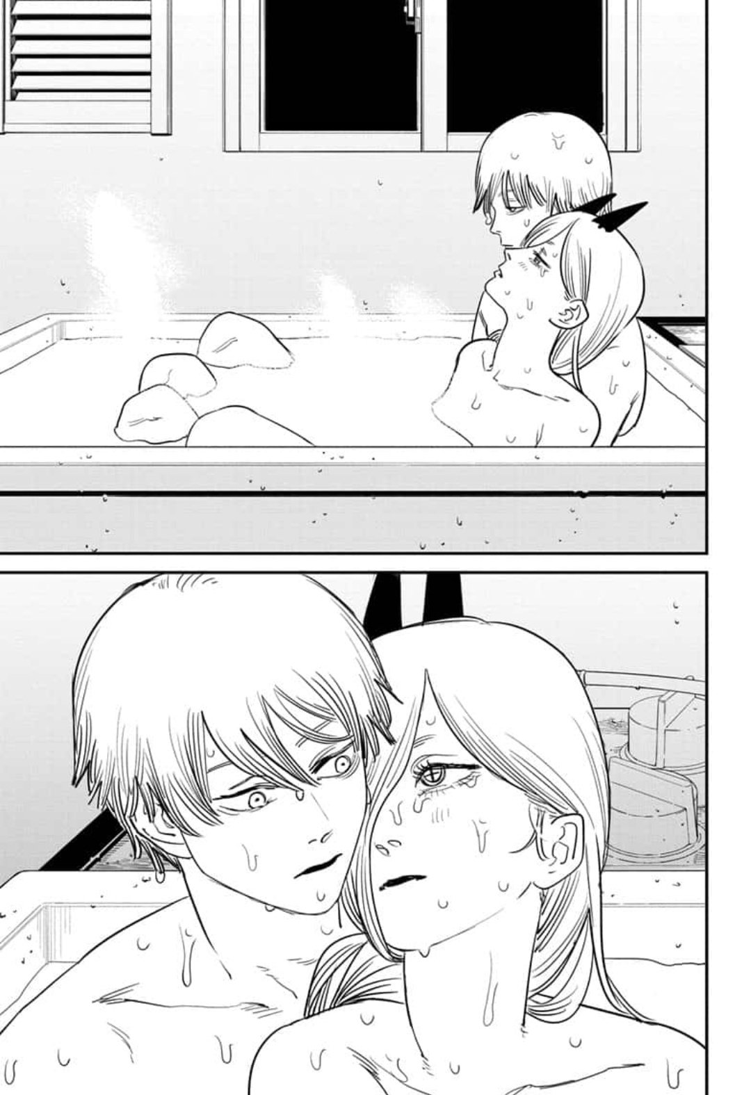 1boy, 1girls, bathing, bathing together, bathroom, bathtub, canonical scene, casual, chainsaw man, denji (chainsaw man), female, horns, human, intimate, leaning back, leaning on person, looking at partner, male, male/female, mixed bathing, nonsexual, nonsexual nudity, pale skin, power (chainsaw man), straight, wet, wet hair