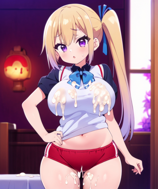 1girls ai_generated ai_hands belly belly_button big_breasts blonde_hair bloomers breasts bukkake clothing cum cum_on_bed cum_on_body cum_on_breasts cum_on_clothes cum_on_crotch cum_on_lower_body cum_on_thighs cum_on_upper_body female female_focus female_only huge_breasts kawakami_mai light-skinned_female light_skin long_hair musaigen_no_phantom_world navel onkomaker only_female ponytail purple_eyes red_bloomers red_shorts ribbon room short_sleeves shorts side_ponytail solo solo_female solo_focus sportswear sweater thighs white_skin wide_hips