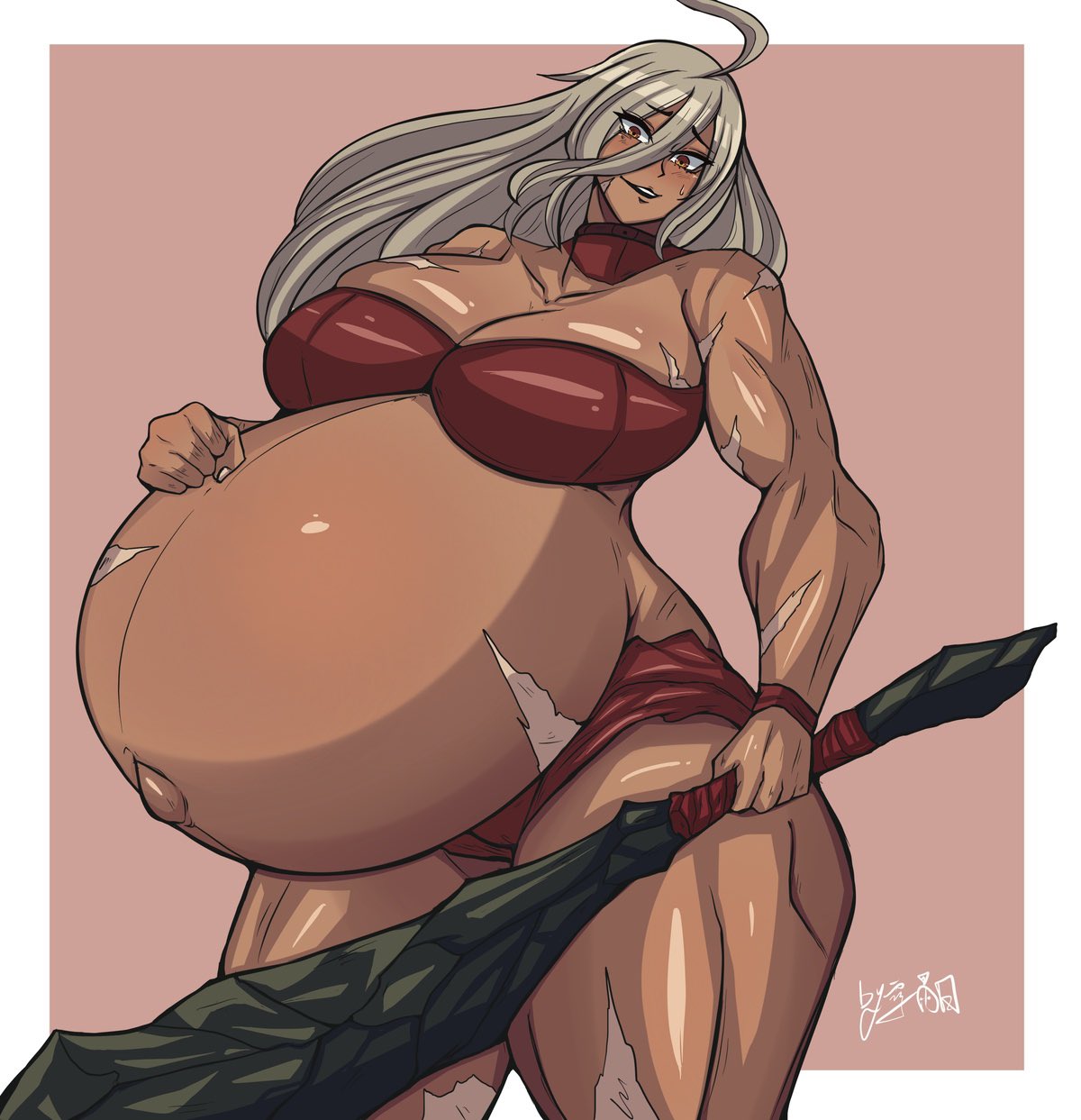 1girls belly big_belly big_breasts breasts cleavage club dark-skinned_female dark_skin female grey_hair huge_belly huge_breasts muscular muscular_female outie_navel pregnant scar scars solo tomboy weapon yukinohi