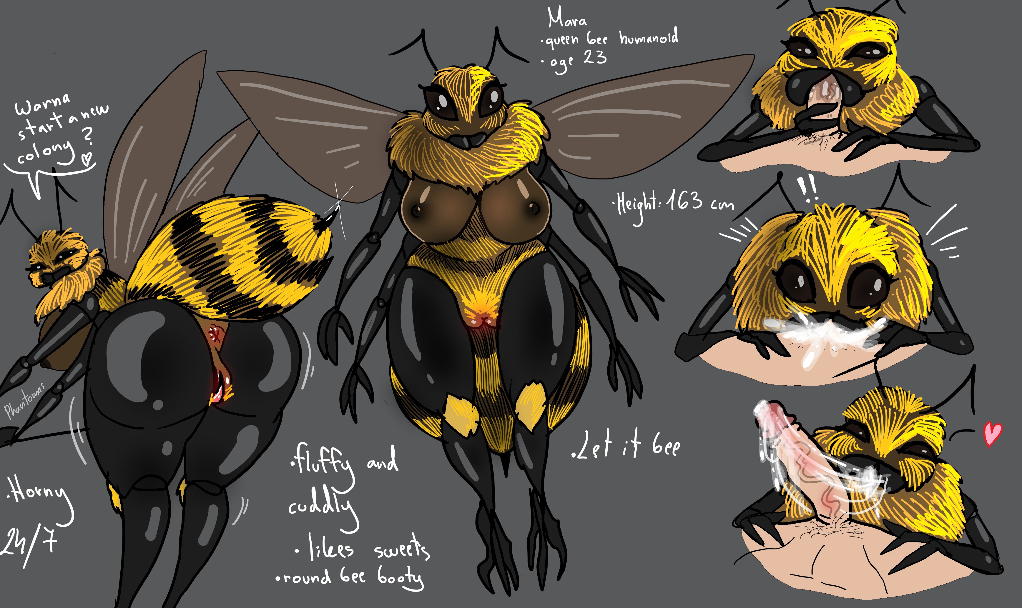 1boy, 1girls, antennae, antennae (anatomy), anthro, anthrofied, anus, ass, bbw, bee, bee girl, bent over, big ass, big butt, black fur, brown eyes, brown fur, bug girl, chubby, chubby female, female, fluffy, furry, hairy, insect girl, male, phantomas (artist), pussy, stinger, stripes, wings, yellow fur