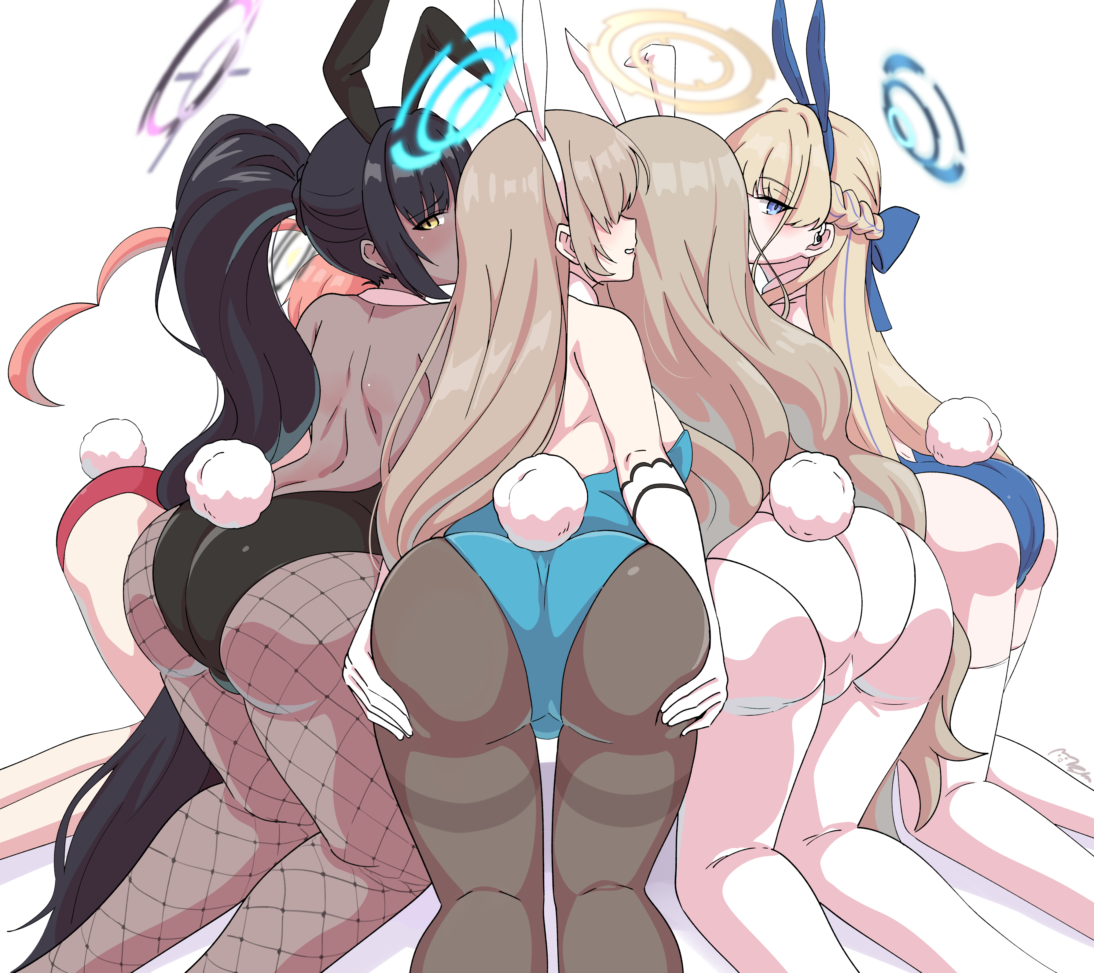 :d, 5girls, absurdly long hair, absurdres, akane (blue archive), akane (bunny) (blue archive), all fours, animal ears, ass, asuna (blue archive), bare back, black hair, black pantyhose, blue archive, braid, breasts, brown hair, cleaning & clearing (blue archive), commentary request, dark skin, dark-skinned female, earpiece, elbow gloves, fake animal ears, fake tail, female, fishnet pantyhose, fishnets, french braid, from behind, gloves, hair between eyes, hair over one eye, hairband, halo, hand on own ass, highleg, highleg leotard, highres, karin (blue archive), karin (bunny) (blue archive), large breasts, leotard, light brown hair, long hair, looking at another, looking at viewer, majinmallow, millennium science school student, multicolored hair, multiple females, multiple girls, neru (blue archive), neru (bunny) (blue archive), official alternate costume, official alternate hairstyle, open mouth, pantyhose, playboy bunny, ponytail, rabbit ears, rabbit tail, red hair, red leotard, shoulder blades, sideboob, sidelocks, simple background, single braid, smile, strapless, strapless leotard, streaked hair, tail, toki (blue archive), toki (bunny) (blue archive), two-tone hair, very long hair, wavy hair, white background, white gloves, yellow eyes