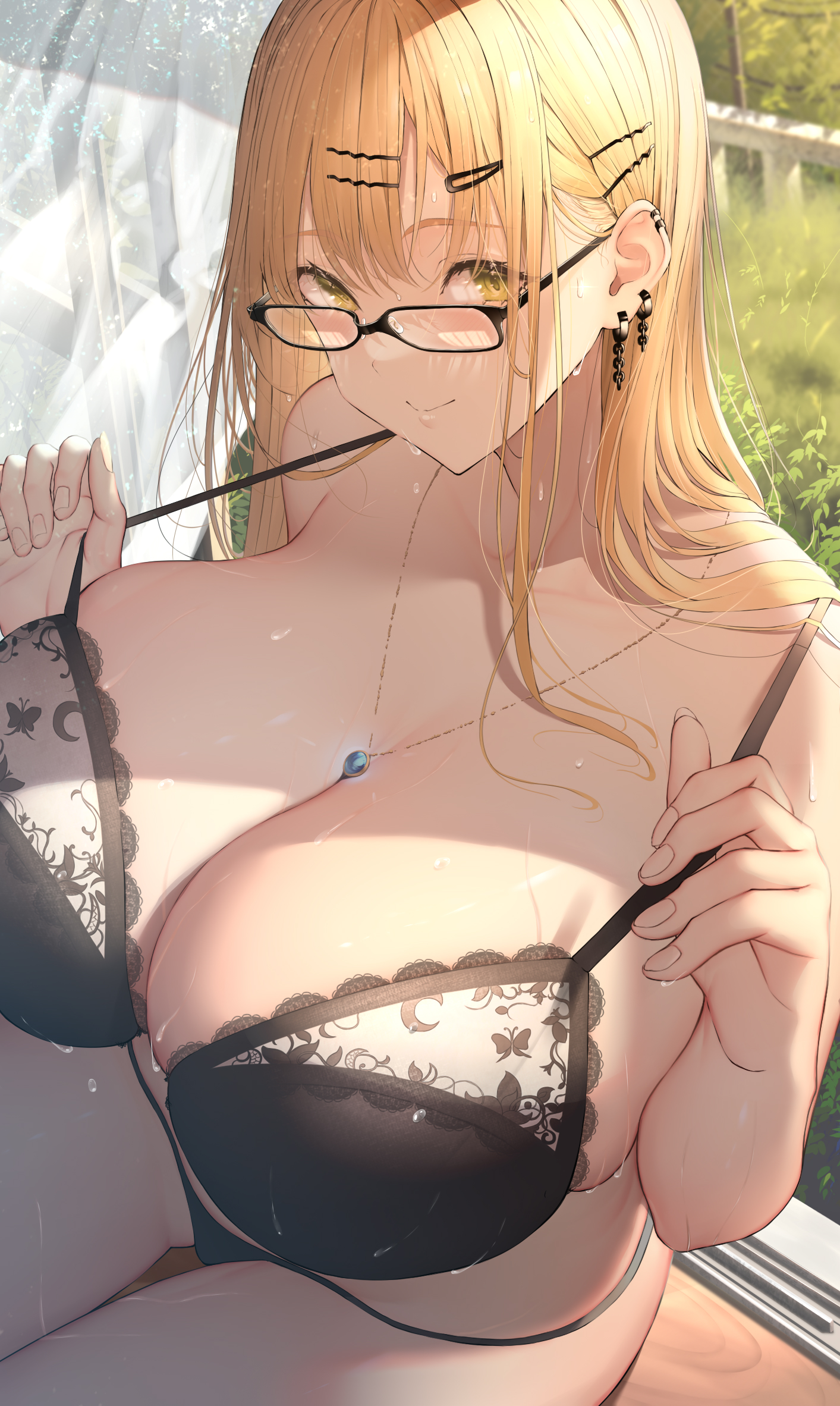1girls, 2021, bangs, banitya, black bra, black panties, black-framed eyewear, blonde hair, bra, bra pull, breasts, cleavage, closed mouth, clothes pull, collarbone, curtains, earrings, female, female focus, female only, glasses, hair ornament, hairclip, highres, huge breasts, jewelry, long hair, looking at viewer, necklace, original, original character, panties, sidelocks, sitting, skindentation, smile, solo, solo female, solo focus, sunlight, underwear, underwear only, window, yellow eyes