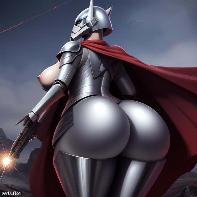 1girls ai_generated blaster blaster_rifle butt captain_phasma cloak darkeffect female_only first_order gun rear_view silver_armor star_wars thick_thighs wide_hips