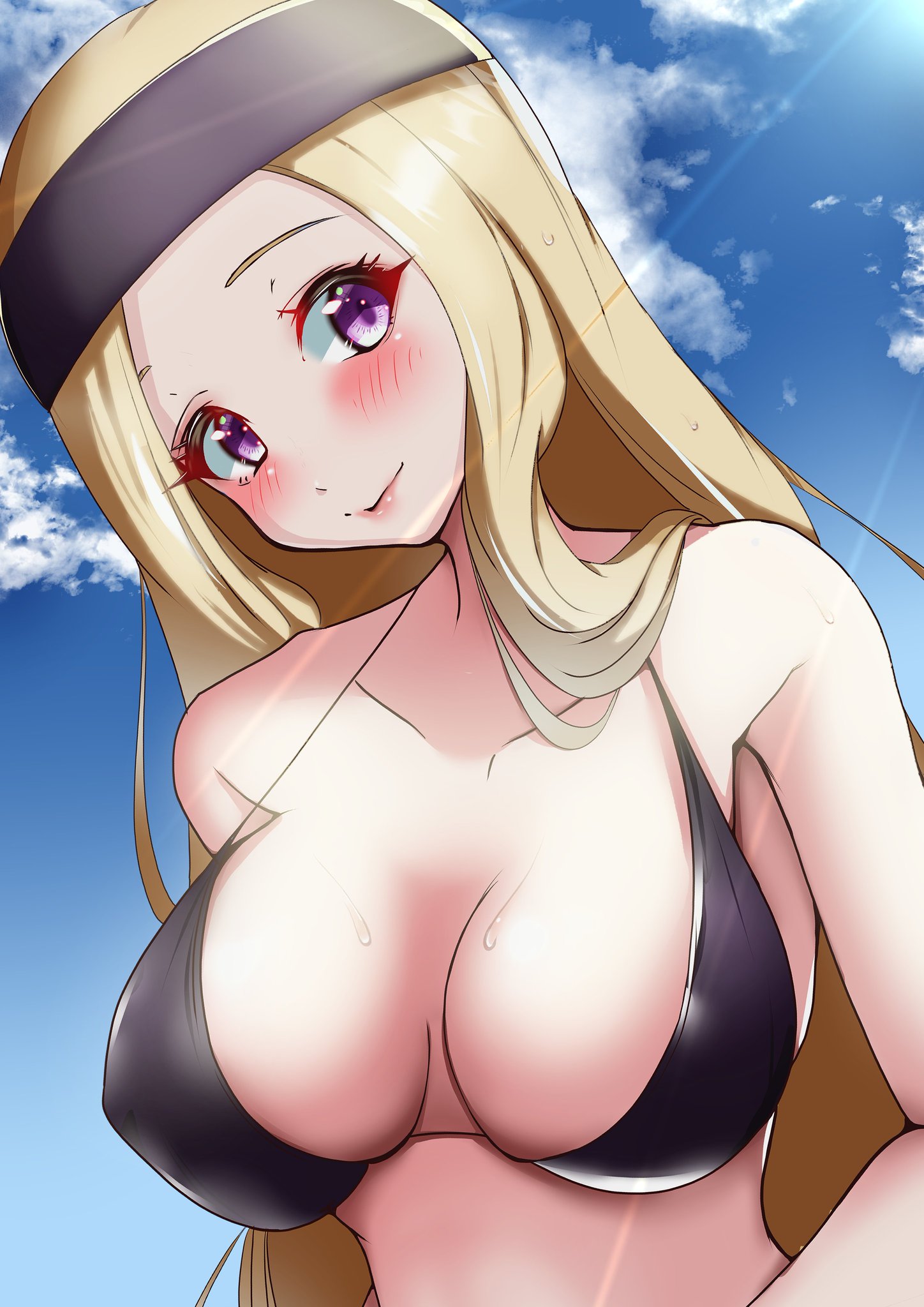 bikini, bikini top, black bikini, blonde hair, blush, headband, mifune chihaya, outside, persona, persona 5, purple hair, sky background, takeminaieeru