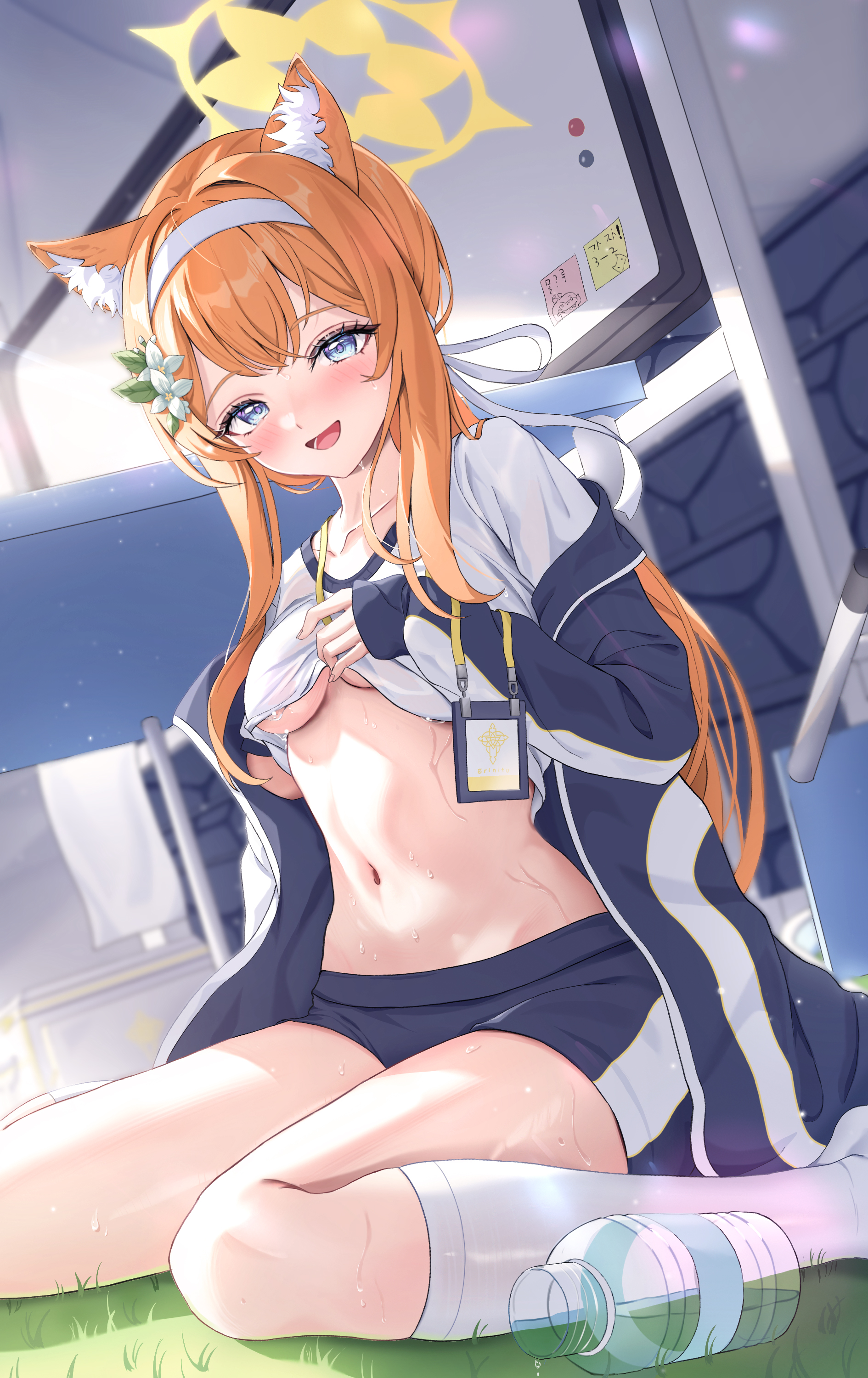 1girls, artist request, blue archive, blue eyes, breasts, female, fox ears, fox girl, halo, mari (blue archive), mari (gym uniform) (blue archive), navel, orange hair, sisterhood (blue archive), small breasts, smile, solo, tagme, tagme (artist), trinity general school logo (blue archive), trinity general school student, underboob, young