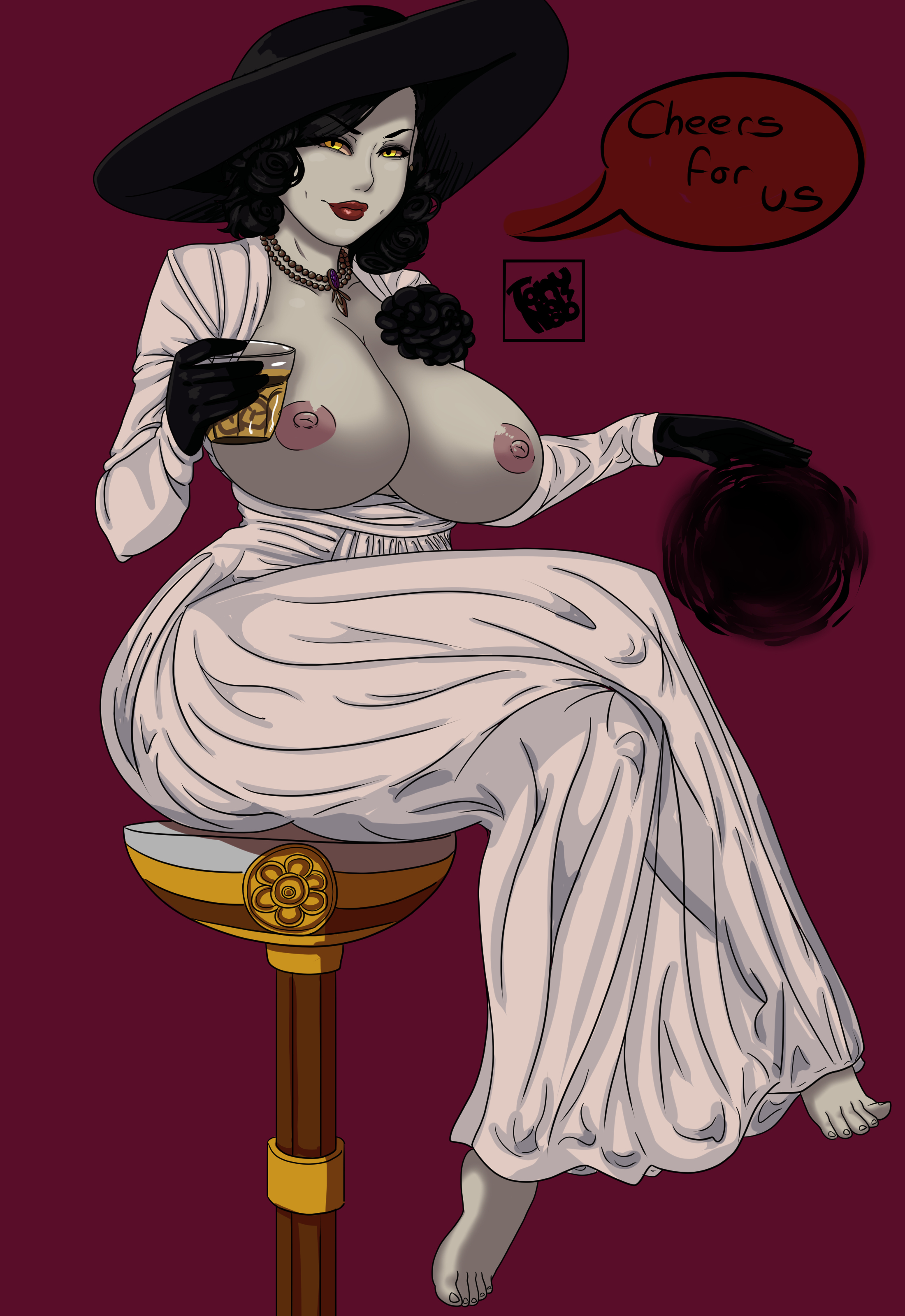 alcina dimitrescu, areolae, big breasts, black hair, breasts, busty, capcom, female, female focus, hourglass figure, large breasts, makeup, nipples, resident evil, resident evil 8: village, tonynoob, wide hips