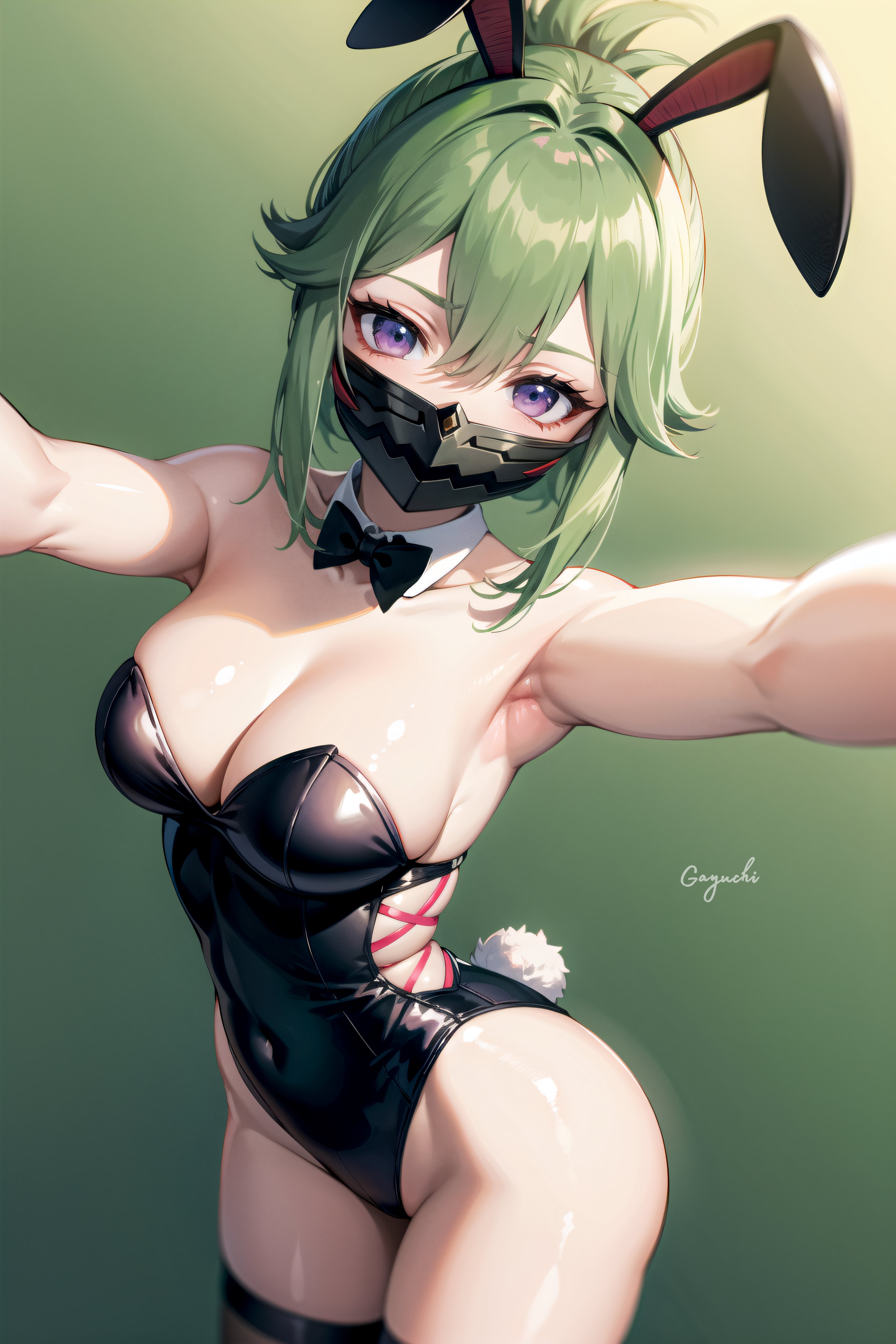 1girls, ai generated, armpits, breasts, female, genshin impact, green hair, kuki shinobu, leotard, purple hair, selfie, solo, stable diffusion