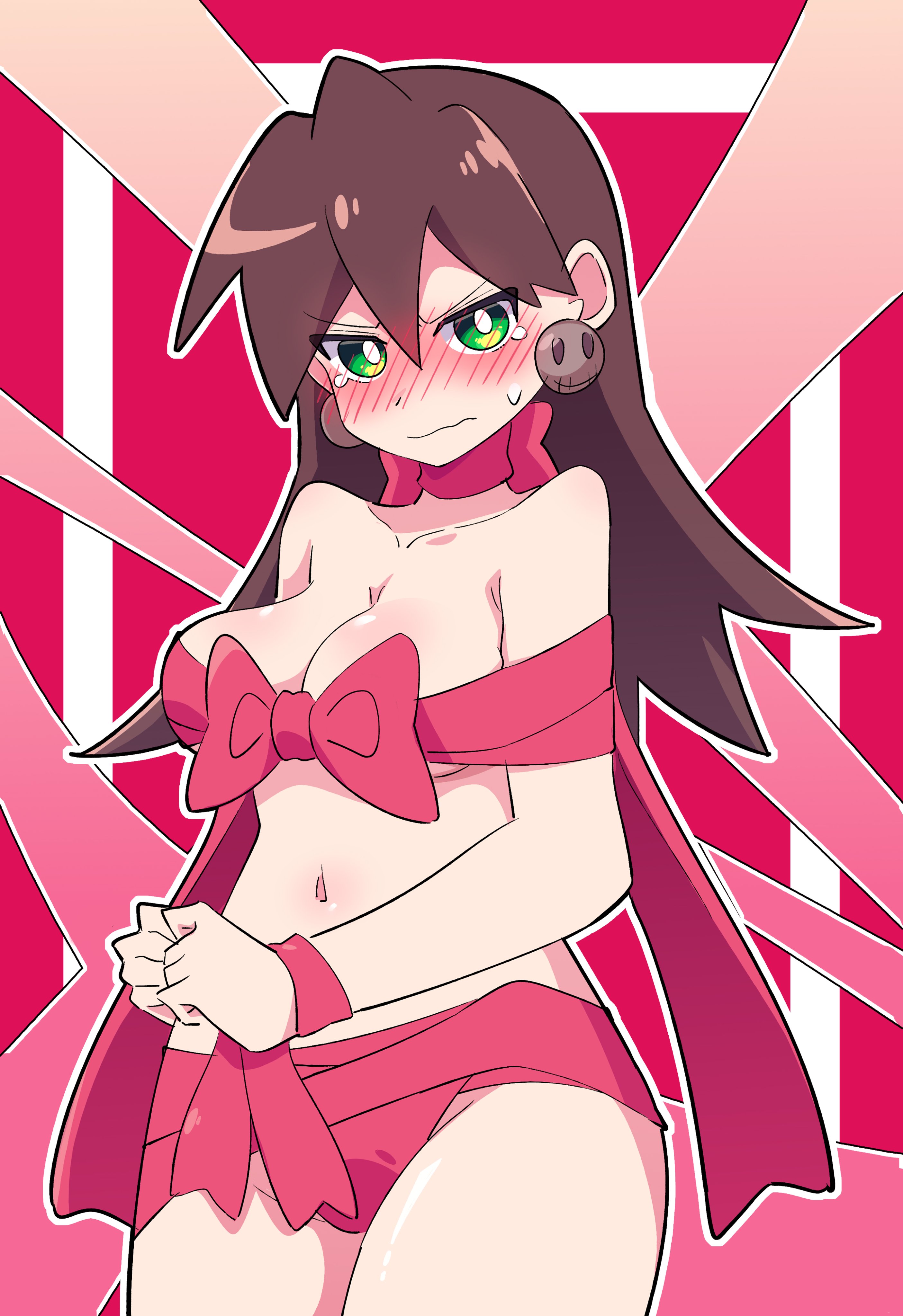 angry, breasts, buzzlyears, christmas, christmas present, embarrassed, female, full-face blush, medium breasts, mega man, mega man legends, present, present wrap, thick thighs, tron bonne, wavy mouth, wide hips, wrapped, wrappings