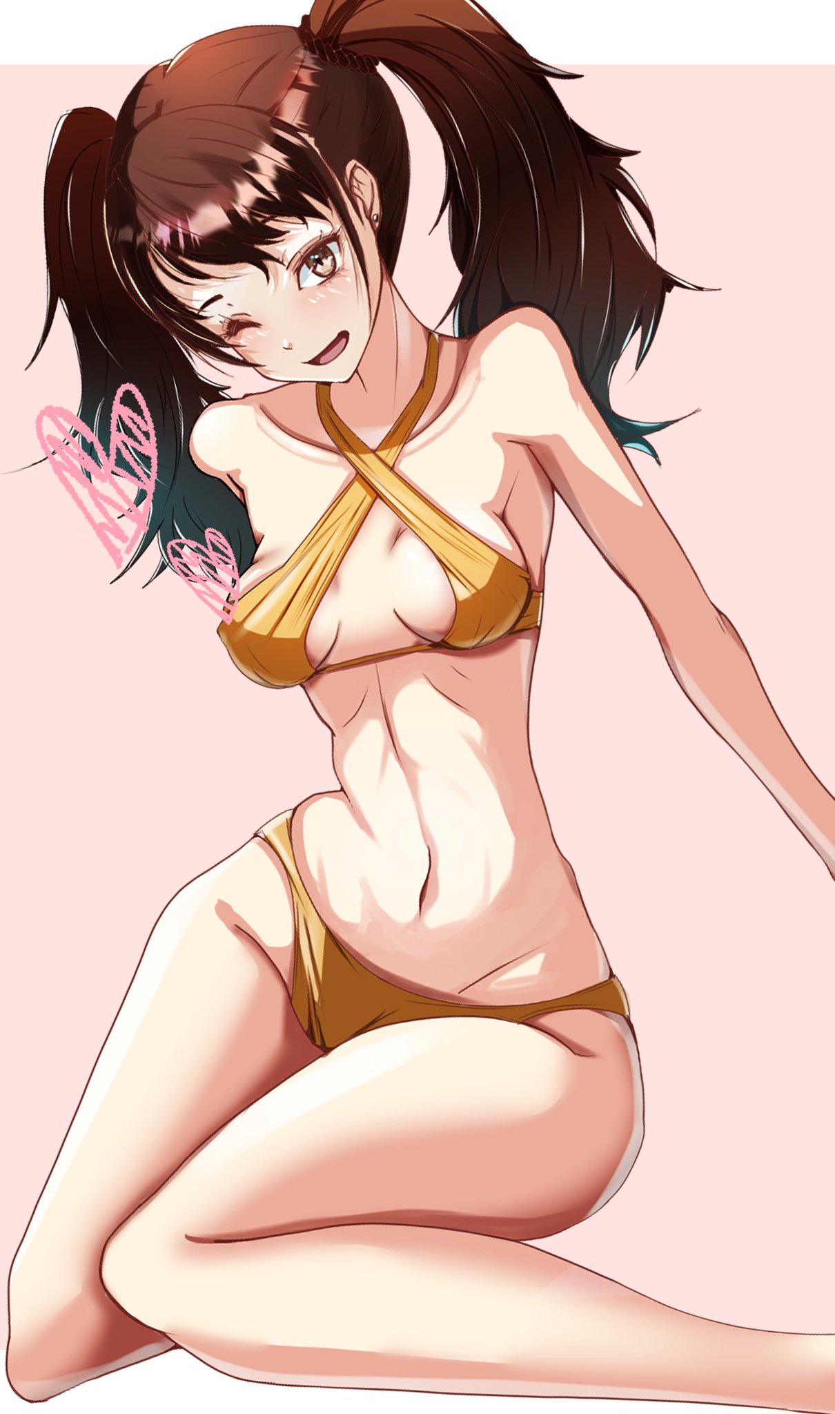 blush brown_eyes heart kujikawa_rise persona persona_4 pink_background pink_eyes takeminaieeru twintails winking_at_viewer yellow_bikini