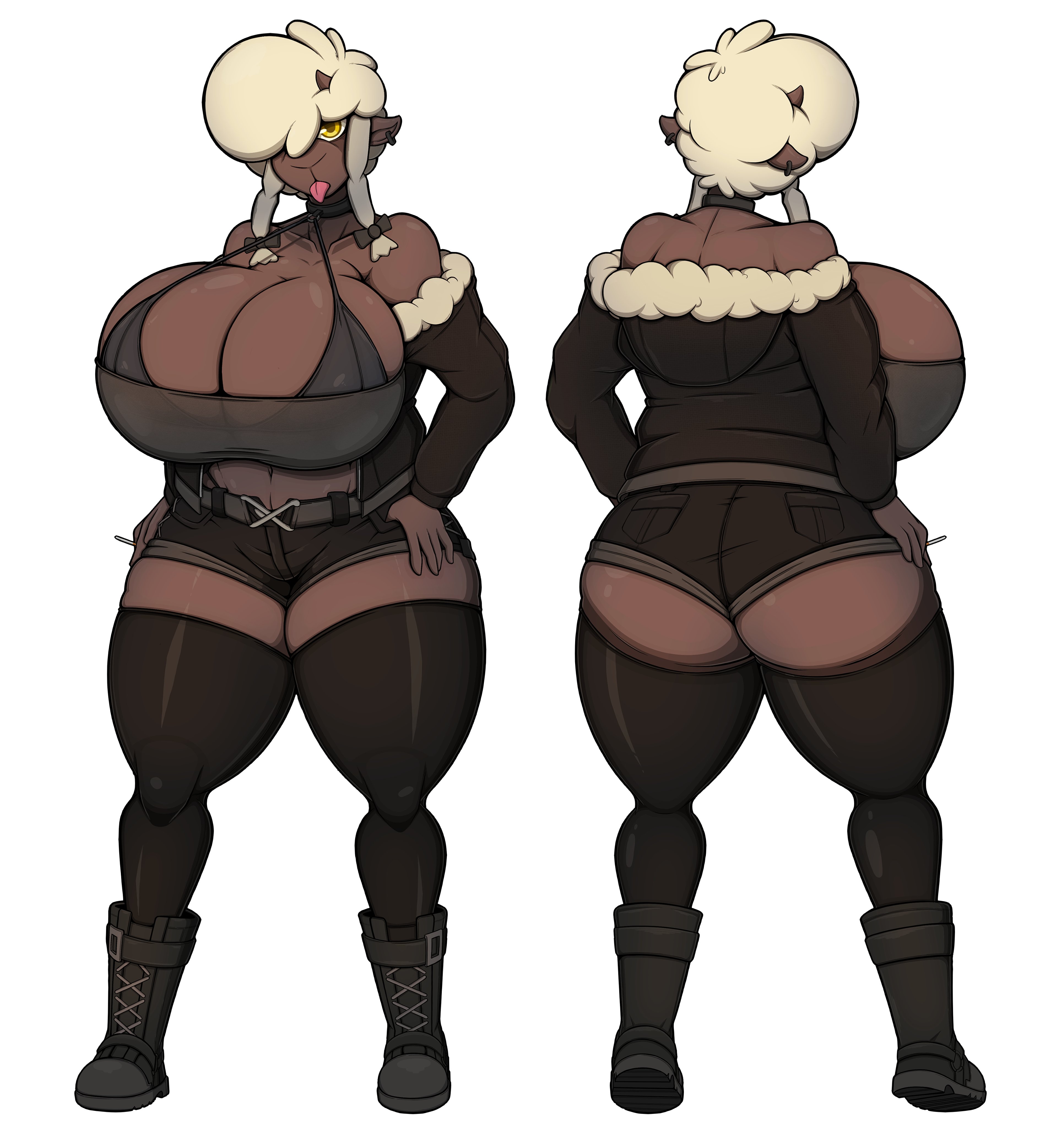 :o, 2023, 2d, 2d (artwork), 5 fingers, ass, big ass, big breasts, big butt, big thighs, black clothing, black thong, boots, breasts, choker, cleavage, dolly (jiqqy), ear piercing, female, female focus, furry, furry ears, furry female, furry only, goth, goth girl, gothic, hair ornament, hair over one eye, hi res, highres, horns, huge ass, huge breasts, jacket, large ass, large breasts, large butt, large thighs, larger female, legwear, massive breasts, open mouth, original, pokemon, pokemon (species), puffy hair, see-through clothing, sheep, skindentation, solo, solo female, solo focus, sticking out tongue, thick thighs, thighhighs, thighs, thong, tongue, twintails, white hair, wooloo, yellow eyes, zak hitsuji