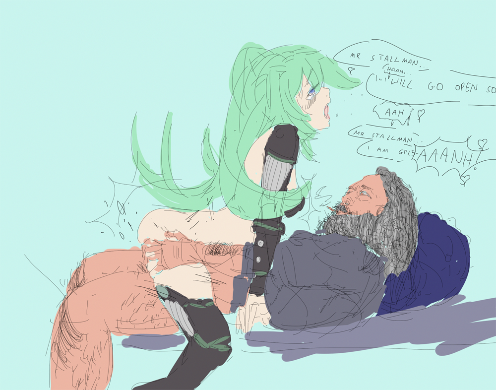 1boy 1girls baby_blue beard blush bottomless_male cigarette cigarette_in_mouth colorized compile_heart cowgirl_position crossover drawing english_text fictional_and_real funny green_hair green_heart green_heart_(neptunia) gust hetero humor idea_factory long_hair moaning mustache neptunia_(series) no_pants old_man older_male older_man older_man_and_teenage_girl pencil_(artwork) real_person richard_stallman sega sex simple_background sketch smoking speech_bubble straight traditional_media vert