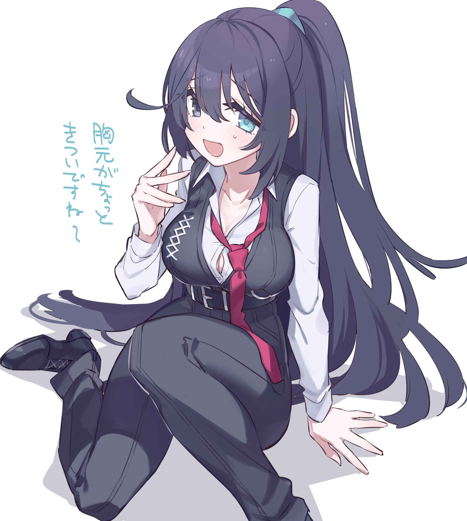 1girls, big breasts, blush, breasts, cleavage, clothing, female, heterochromia, hong lu (limbus company), limbus company, long hair, nervous, nervous smile, ponytail, project moon, rule 63, shikki46, shirt, sweatdrop, tattoo, tattoos, uniform, violet hair