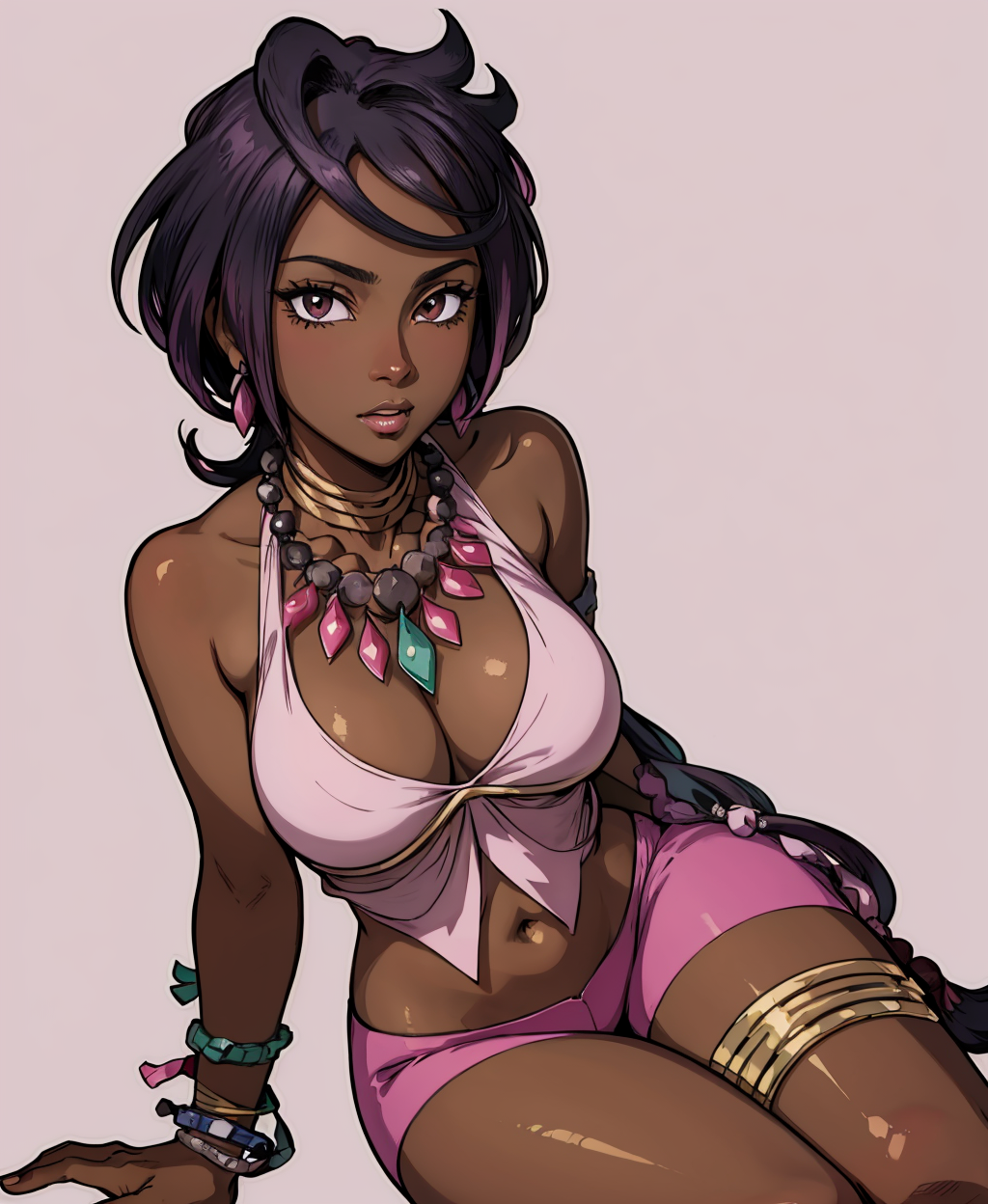 ai generated, beads, breasts, cleavage, dark skin, female, jewelry, olivia (pokemon), pink shorts, pokemon, pokemon sm, simple background, stable diffusion