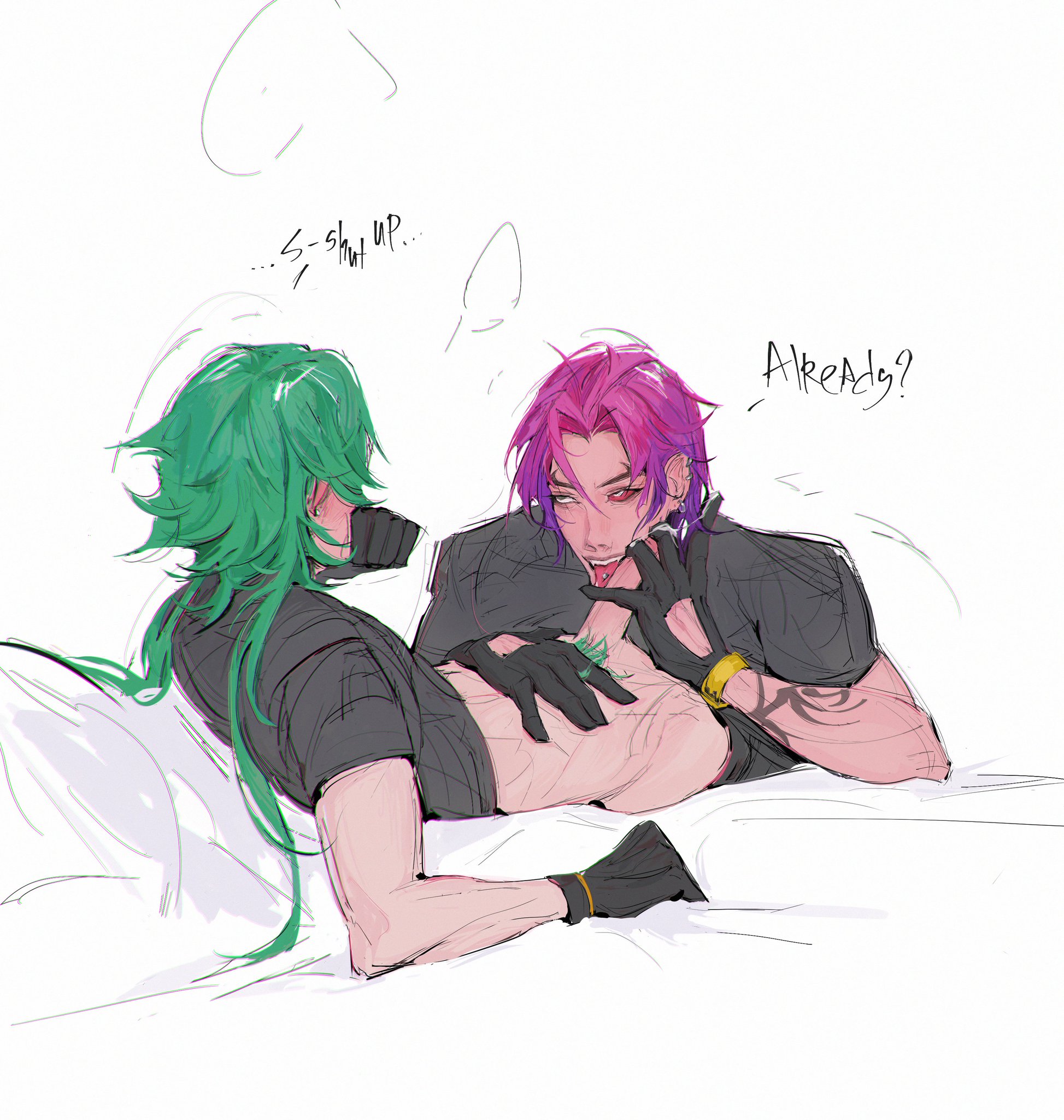 bed, blush, clothing, ezreal, gay, grapesodda, green hair, heartsteel ezreal, heartsteel kayn, heartsteel series, implied oral, kayn, league of legends, licking penis, male, multicolored hair, oral, penis, pierced tongue, pink hair, pubic hair, purple hair, shirt, tongue, tongue out, unseen male face, yaoi