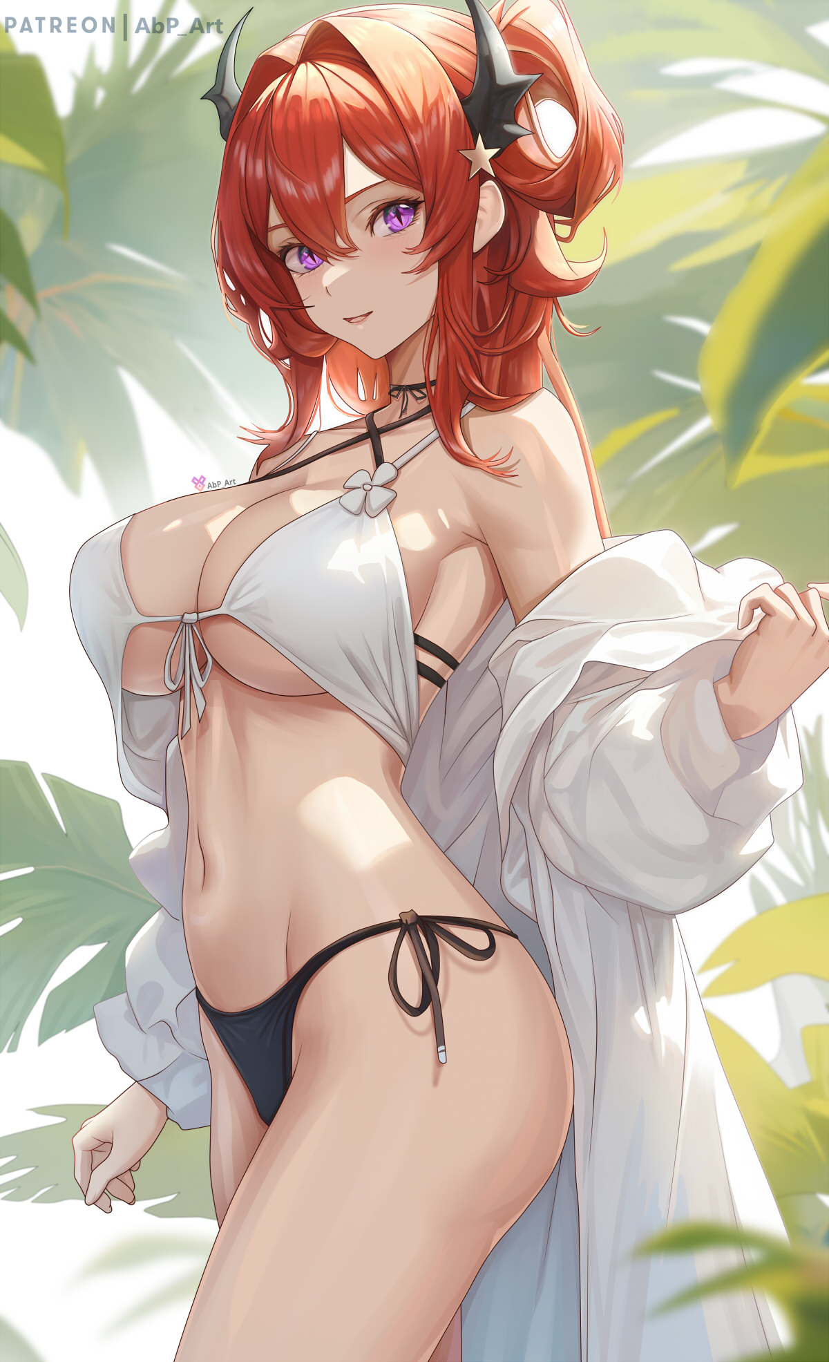 1girls, abp art, arknights, belly button, bikini, breasts, female, female only, horns, large breasts, purple eyes, surtr (arknights)