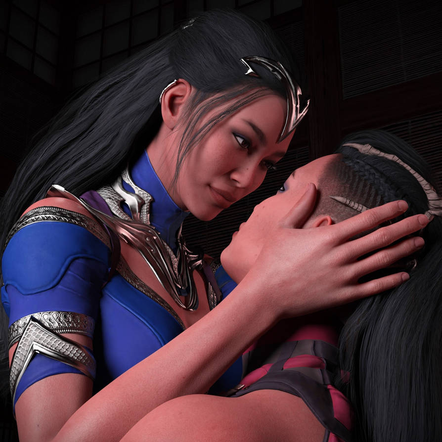 2girls 3d black_hair clone clonecest edenian eye_contact female female_only fully_clothed head_in_hand hug imminent_kiss incest kitana kiteena mileena mortal_kombat mortal_kombat_1_(2023) princess rayalterego23 royalty sisters twincest yuri