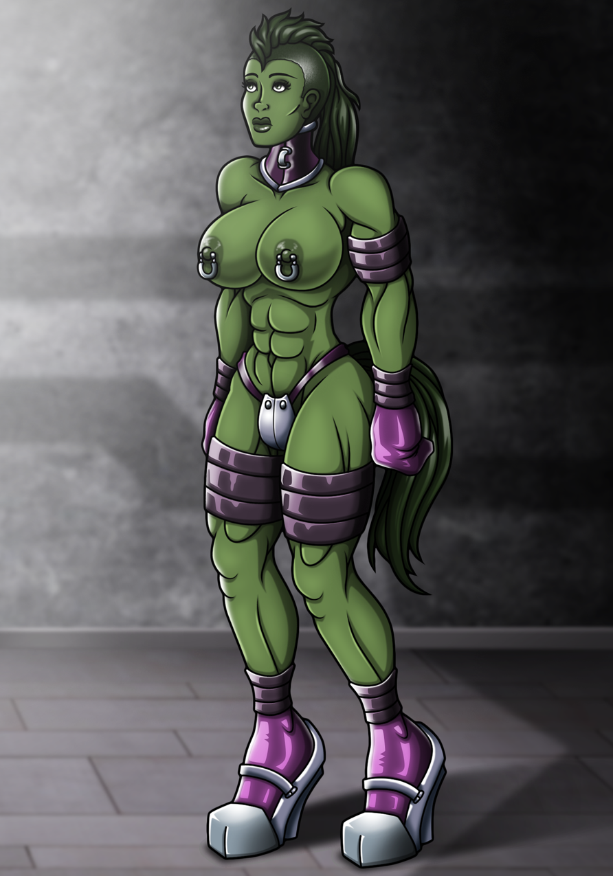 1girls armband bondage_mittens brainwashed chastity chastity_belt chastity_device defeated_heroine exposed_breasts female female_chastity female_only marvel muscular_female nipple_piercing pony_boots ponygirl ponyplay ponytail re-maker shaved_head she-hulk tail_plug