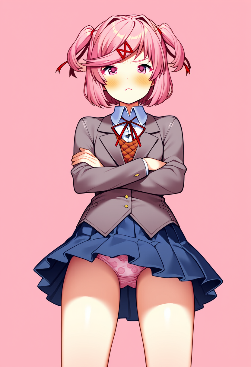 1girls, ai generated, arms crossed, blushing face, childish panties, doki doki literature club, female, female only, low-angle view, natsuki (doki doki literature club), novelai, pink hair, solo, team salvato, tsundere