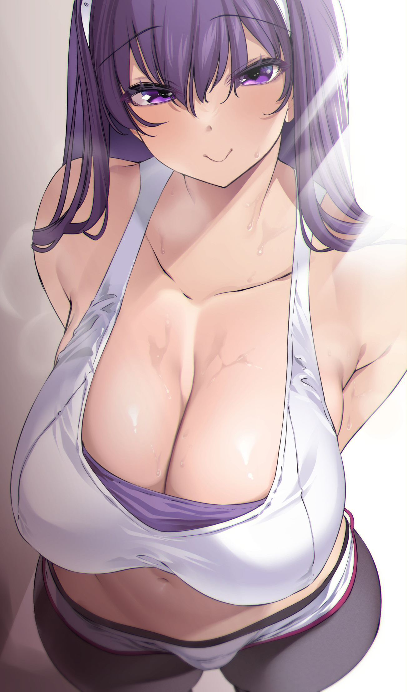 1girls, 2022, alternate version available, arms behind back, bare shoulders, black pantyhose, blush, breasts, cleavage, collarbone, female, hairband, highres, large breasts, light rays, long hair, looking at viewer, navel, original, pantyhose, purple eyes, purple hair, short shorts, shorts, smile, solo, sports bra, sweat, thighs, thomasz, white shorts, white sports bra