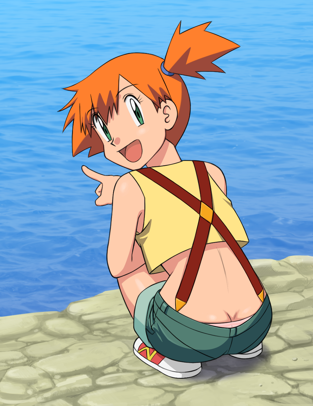 1girls crop_top crouching female female_only happy kasumi_(pokemon) miraa_(chikurin) misty_(pokemon) panty_peek pointing pokemon pokemon_(classic_anime) shorts side_ponytail solo suspenders